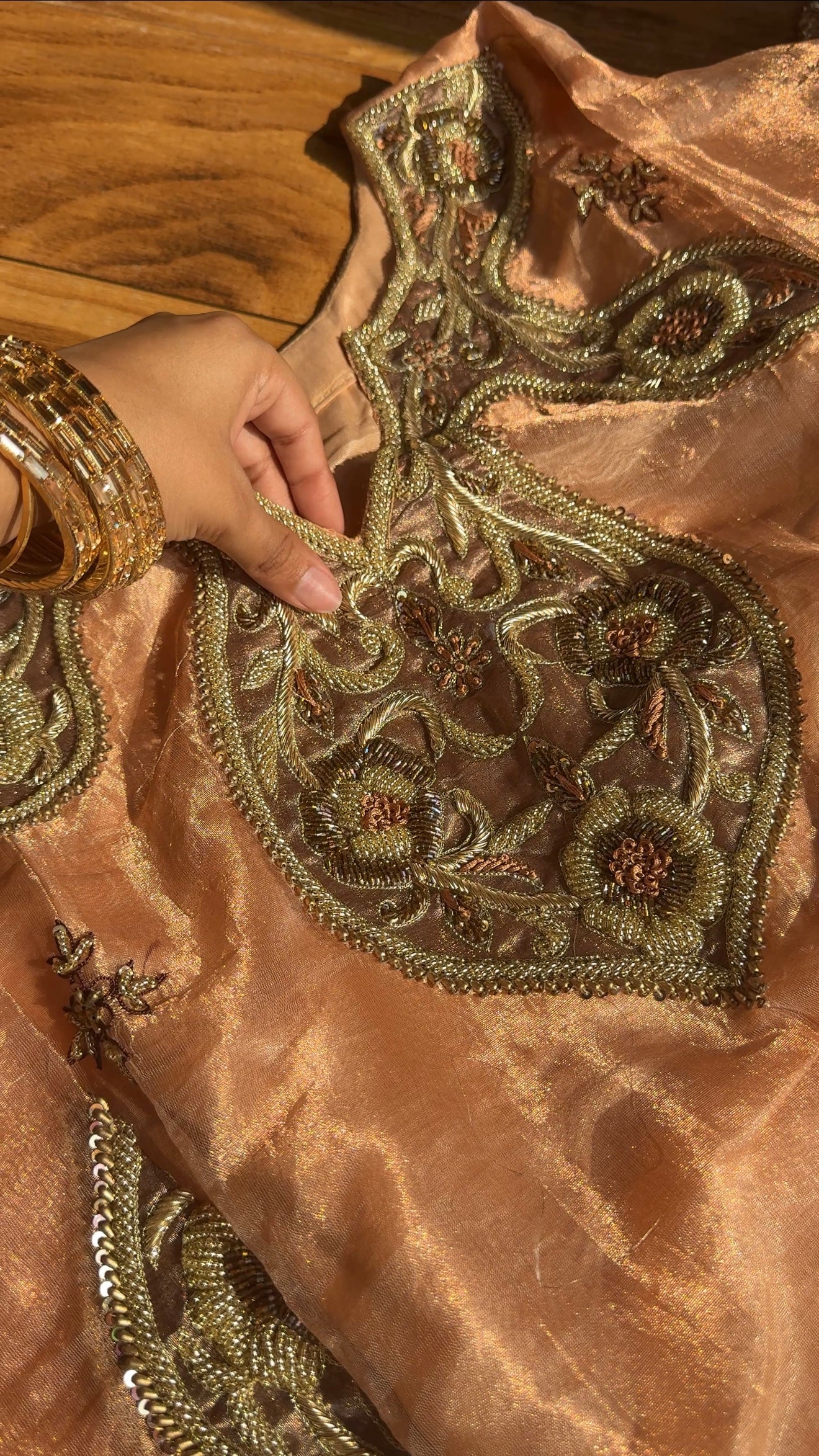 Pakeeza inspired copper tissue silk heavy zardozi work suit set