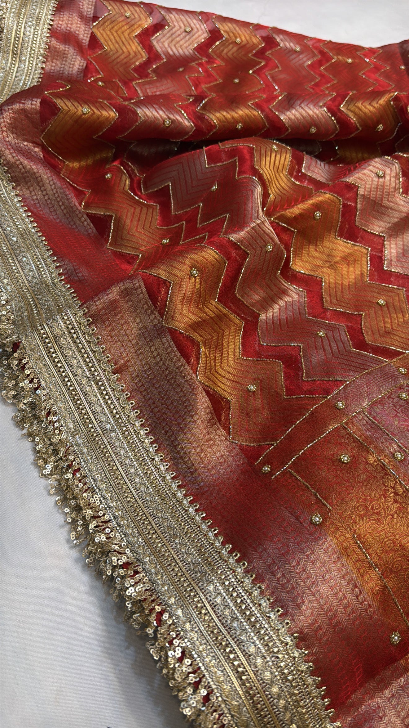 Dulhan ka joda husn red tissue silk brocade hand embroidered kadhwa saree
