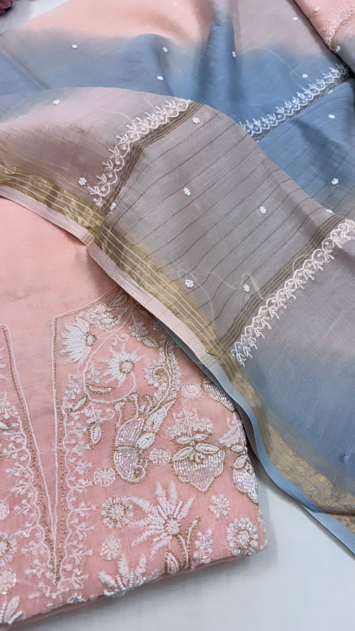 Pure Banarasi handloom premium cotton kadhwa lucknowi chikankari hand embroidered suit set with intricately hand embroidered motifs and ombre shaded duppata set