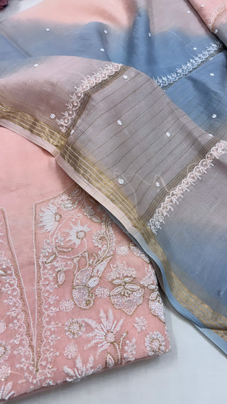 Pure Banarasi handloom premium cotton kadhwa lucknowi chikankari hand embroidered suit set with intricately hand embroidered motifs and ombre shaded duppata set