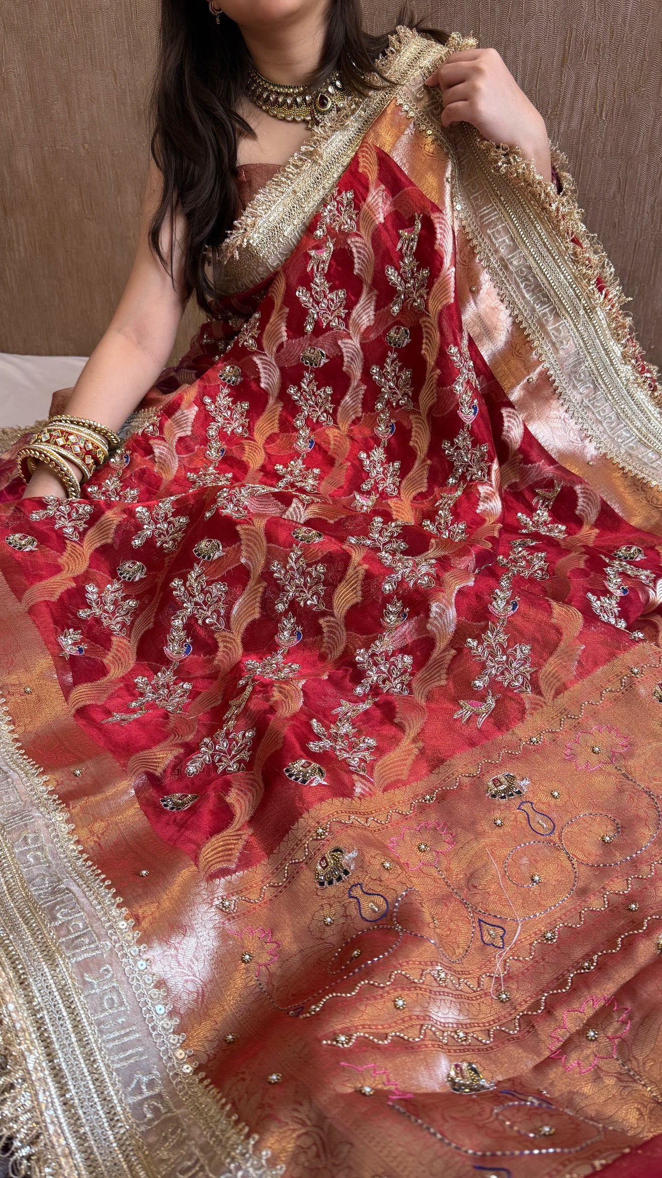 Nayi suhagan edit - Dhup chao blood red tissue silk zardozi and marodi work hand embroidered jaal work saree