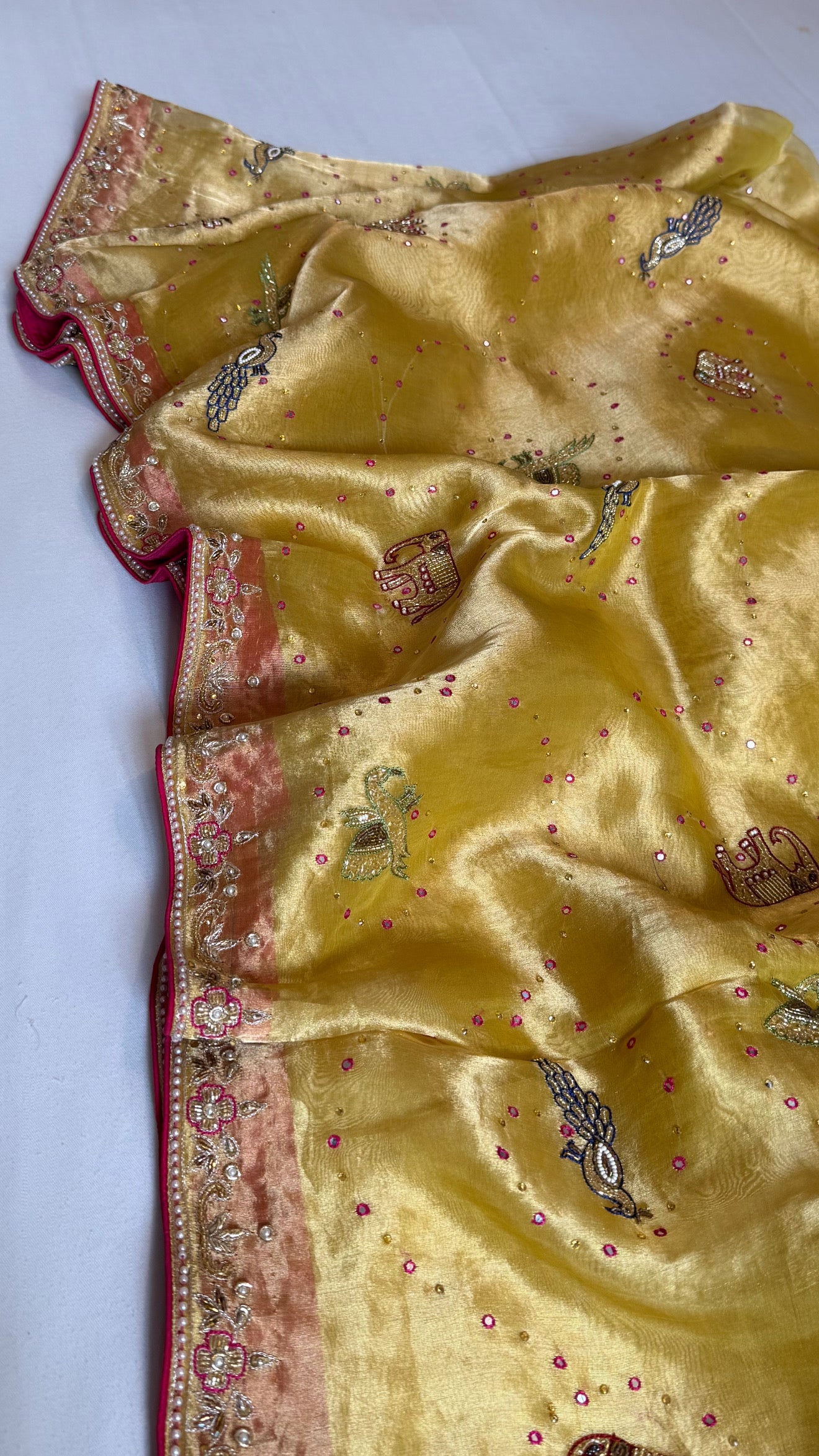 Shikarbagh edit tissue silk hand embroidered kadhwa saree