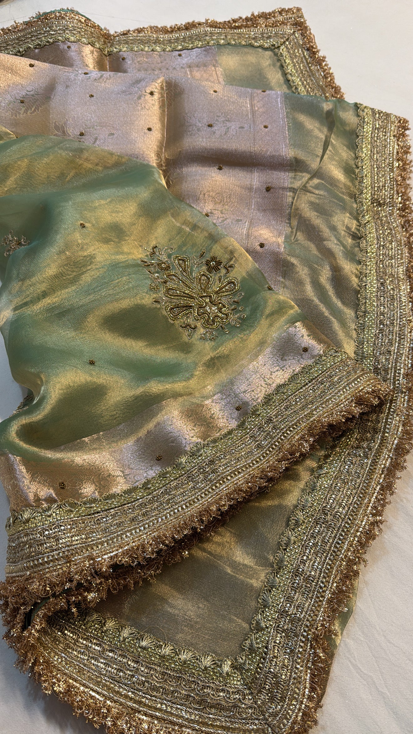 Candy green tissue silk hand embroidered kadhwa gotapatti saree