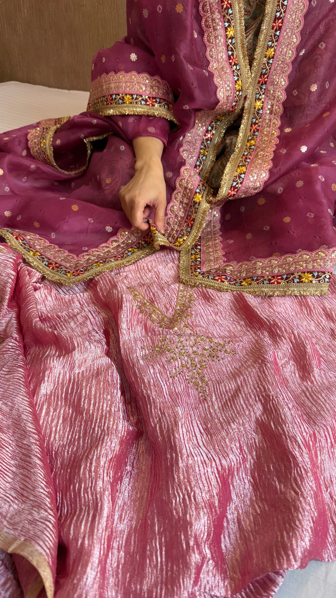 Cranberry diamond tissue silk hand embroidered suit set