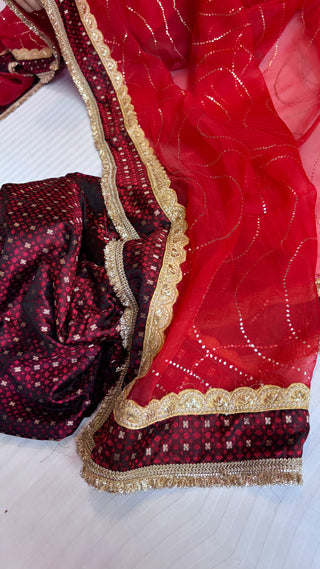 Blood maroonish red mashru tanchoi silk kurta paired with kora silk mukaish badla duppata set