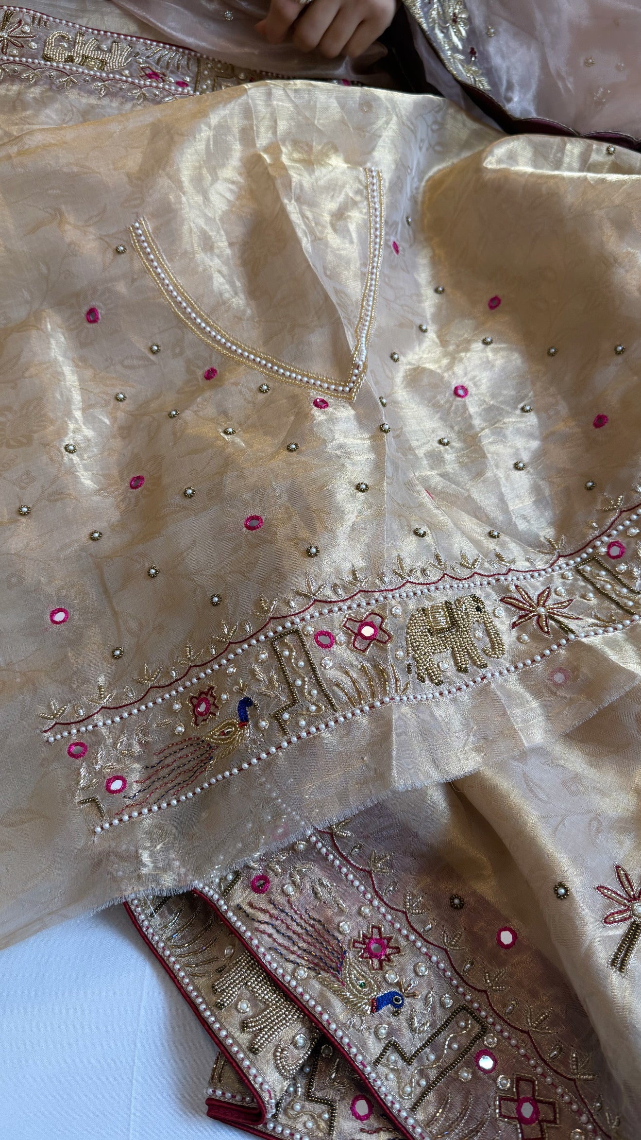 Sheeshmahal shikargah edit - Golden tissue silk hand embroidered elephant motif border kadhwa saree