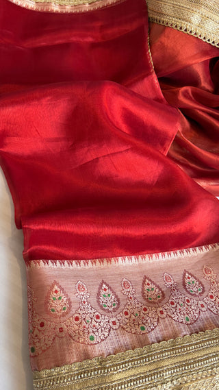 Viral maharani dhup chao red tissue silk meenakari kadhwa saree