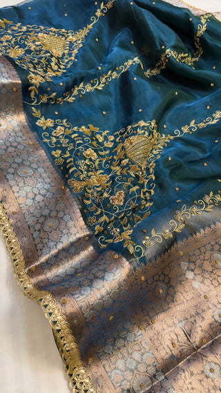 Cocktail wali saree - Peacock blue tissue silk heavy hand embroidered saree