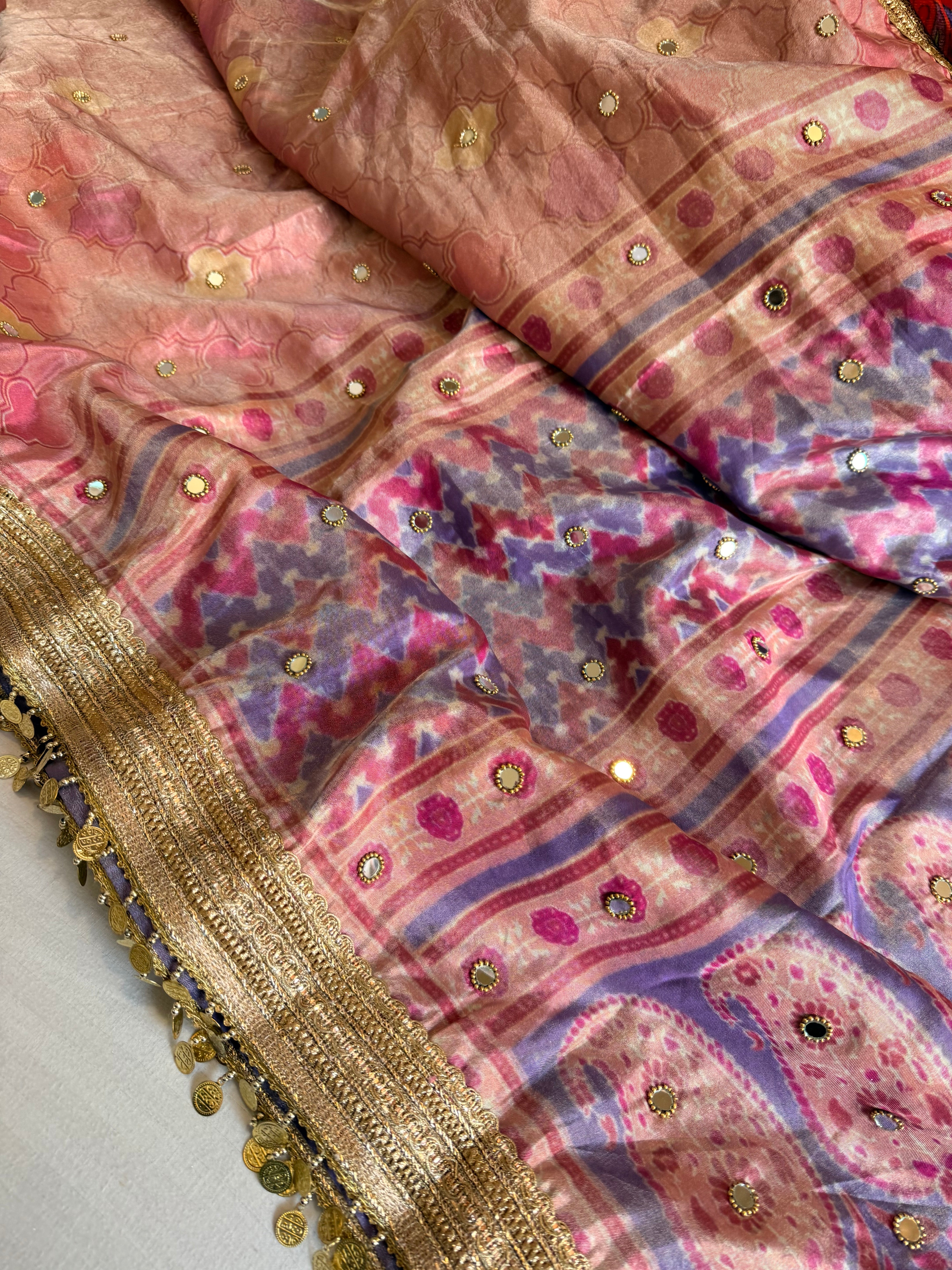 Printed tissue silk hand embroidered kadhwa gotapatti saree