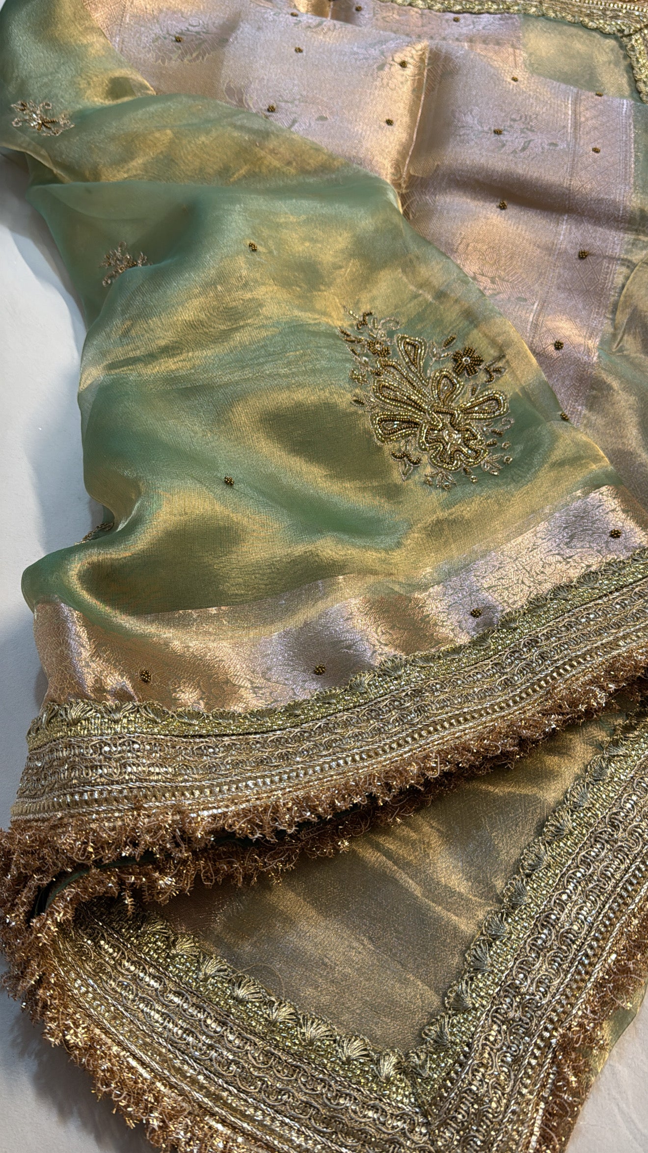 Candy green tissue silk hand embroidered kadhwa gotapatti saree