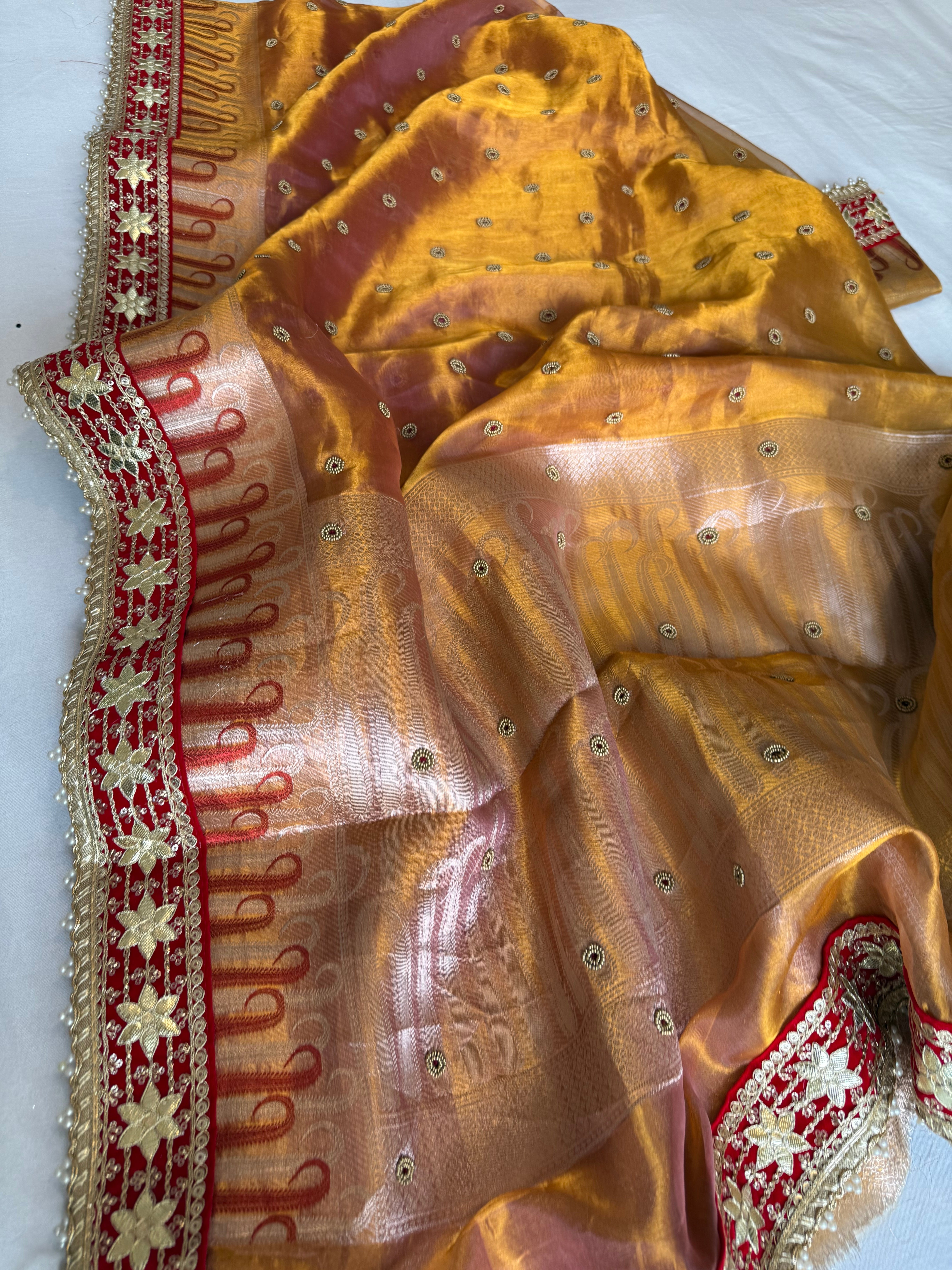 Kanjivaram gold tissue silk red meenakari hand embroidered kadhwa saree