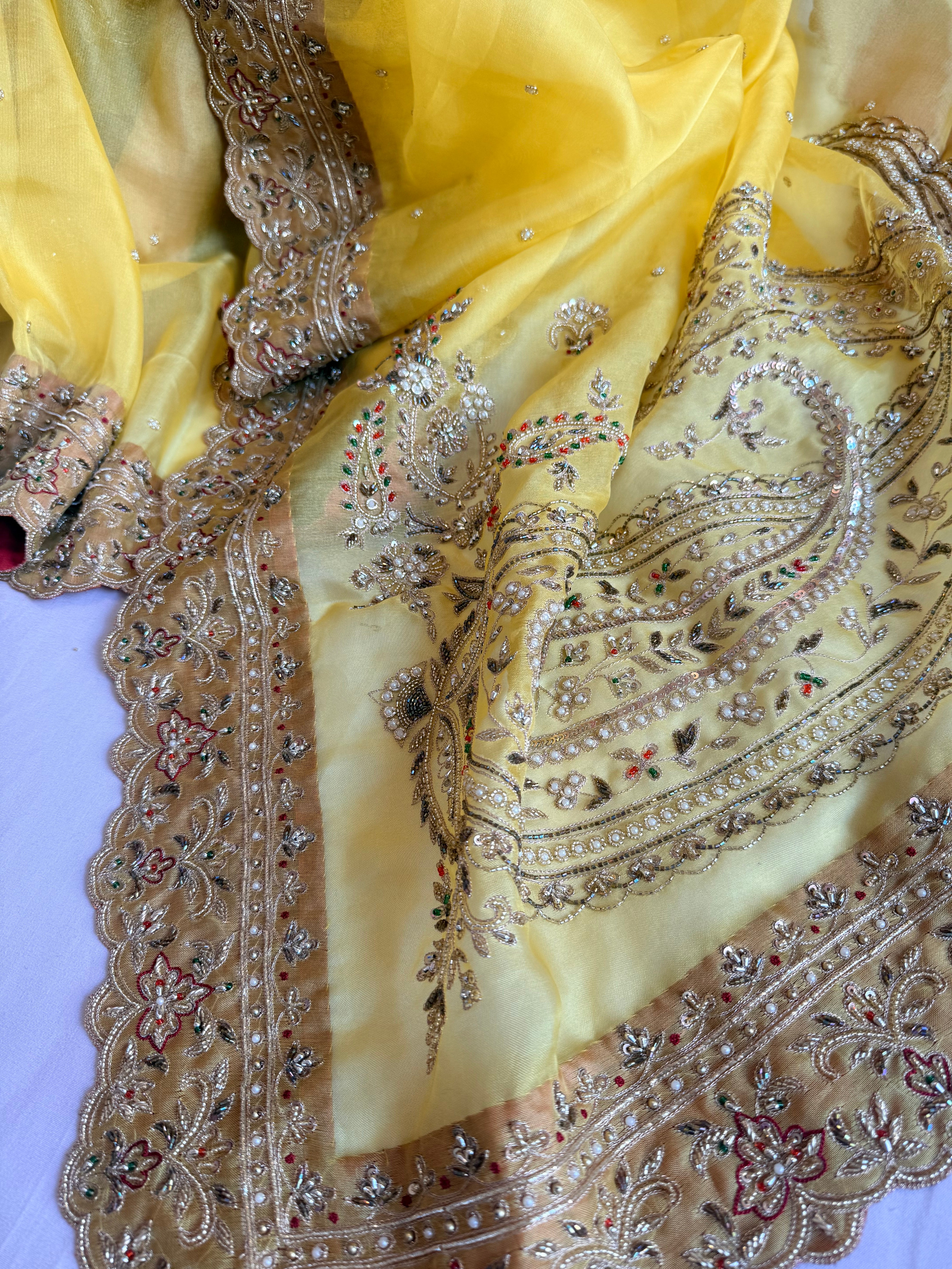 Mummy ki purani wali saree edit - Lemon yellow kora silk kadhwa hand embroidered saree
