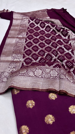 Dark plum banarasi gorgette kadhwa suit set