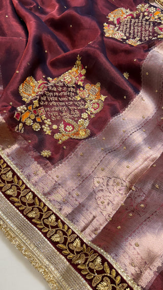 Phere wali saree - Metallic plum tissue silk “Gayatri mantra “ hand embroidered saree