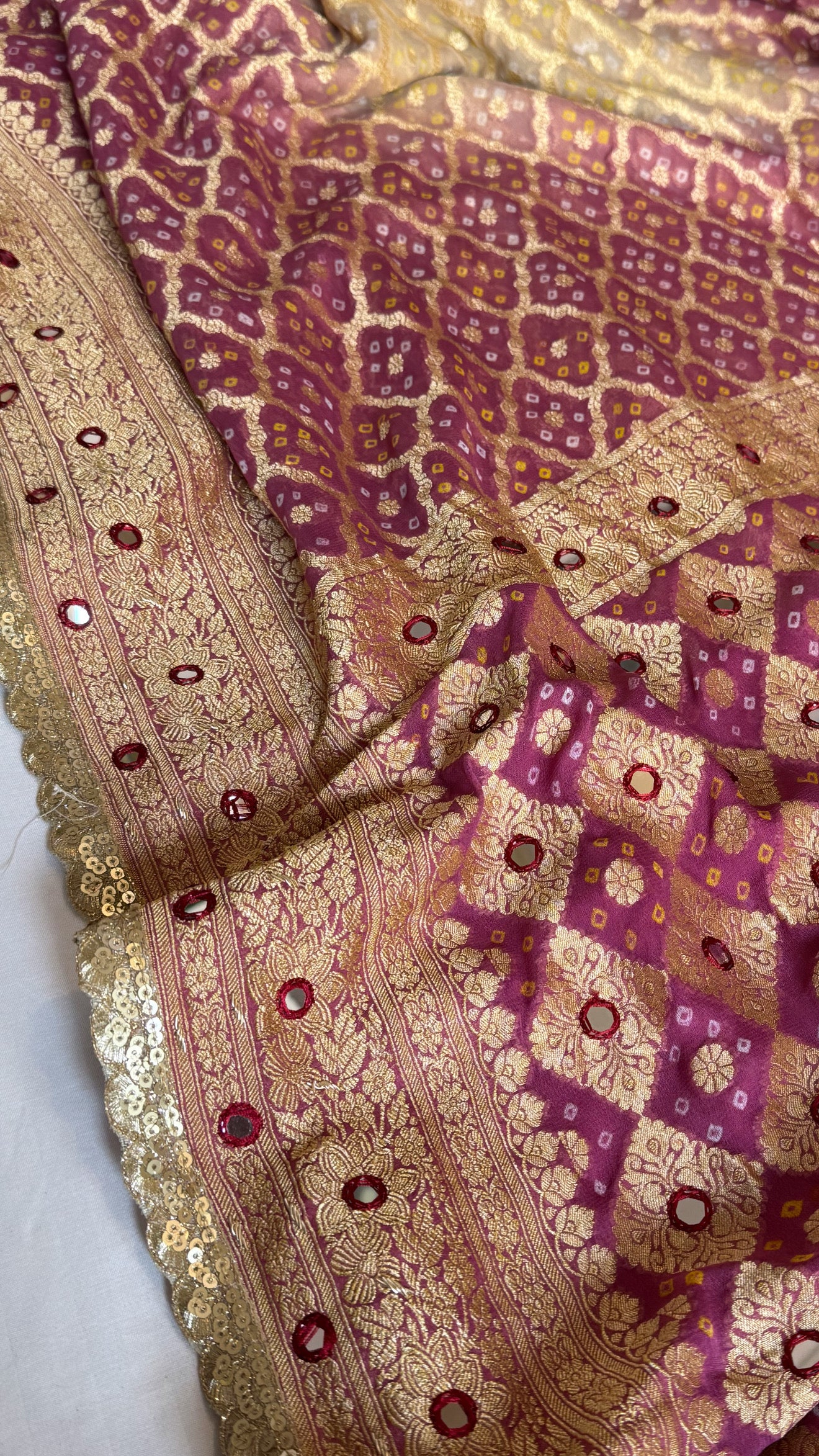 Lotus pink ombre shaded banarasi rai bandhej chiffon gorgette hand embroidered saree