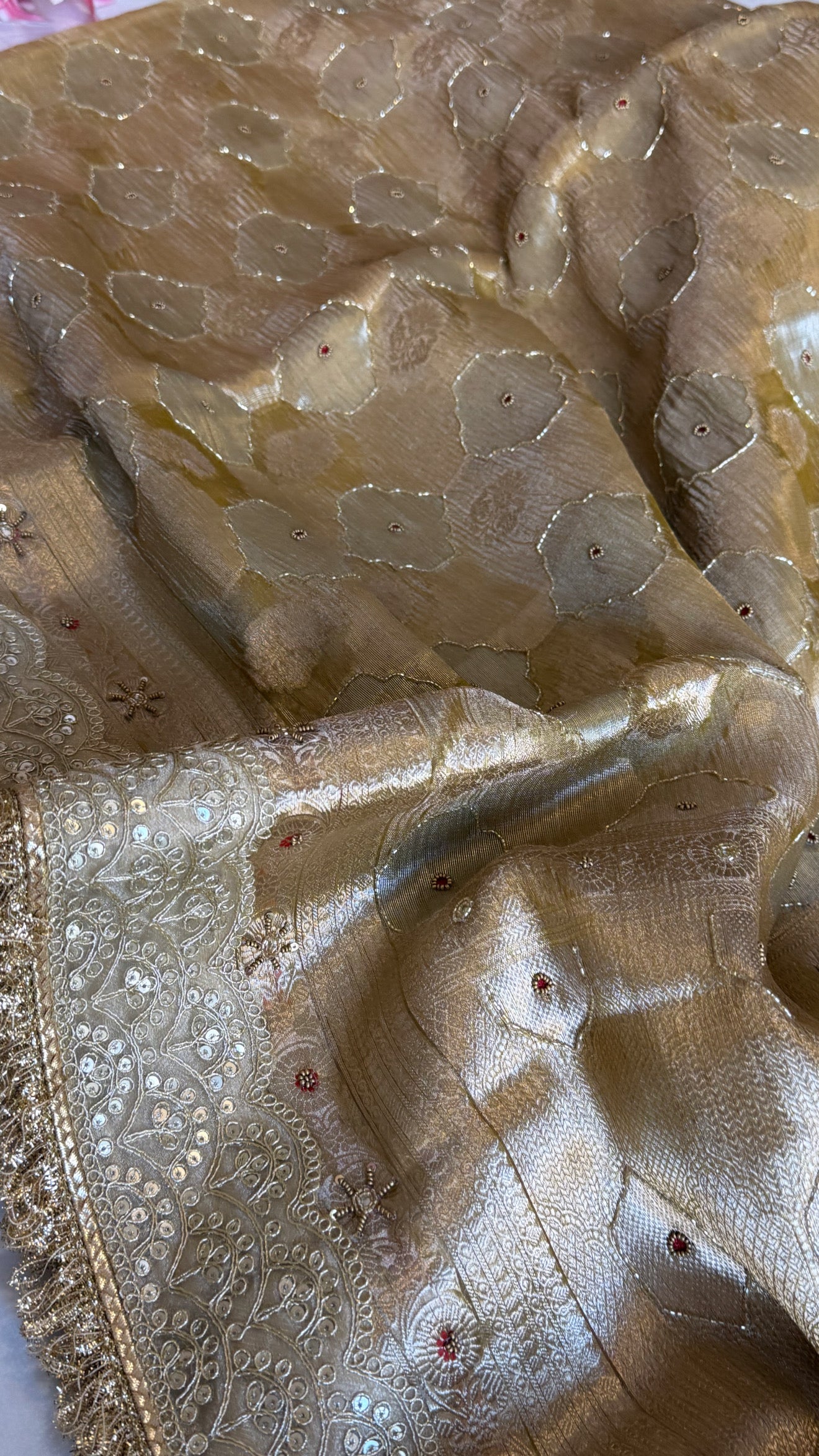 Mughalai jaal crushed tissue silk hand embroidered kadhwa dusty golden saree