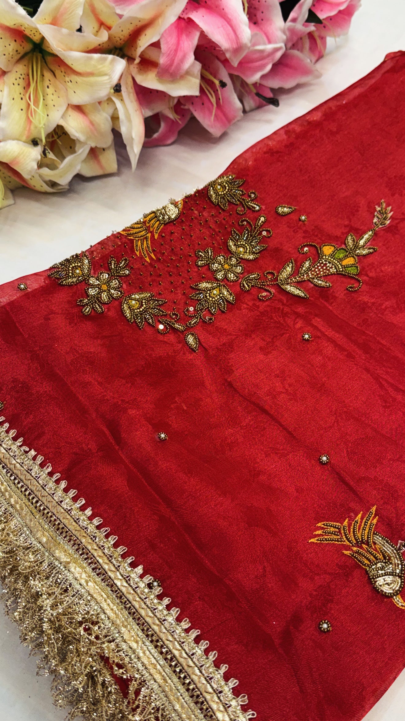 Karwachauth special - Tomato red tissue silk bird motif hand embroidered saree