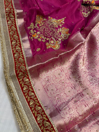Cocktail edit sarees - Rani pink “gayatri mantra” tissue silk hand embroidered saree