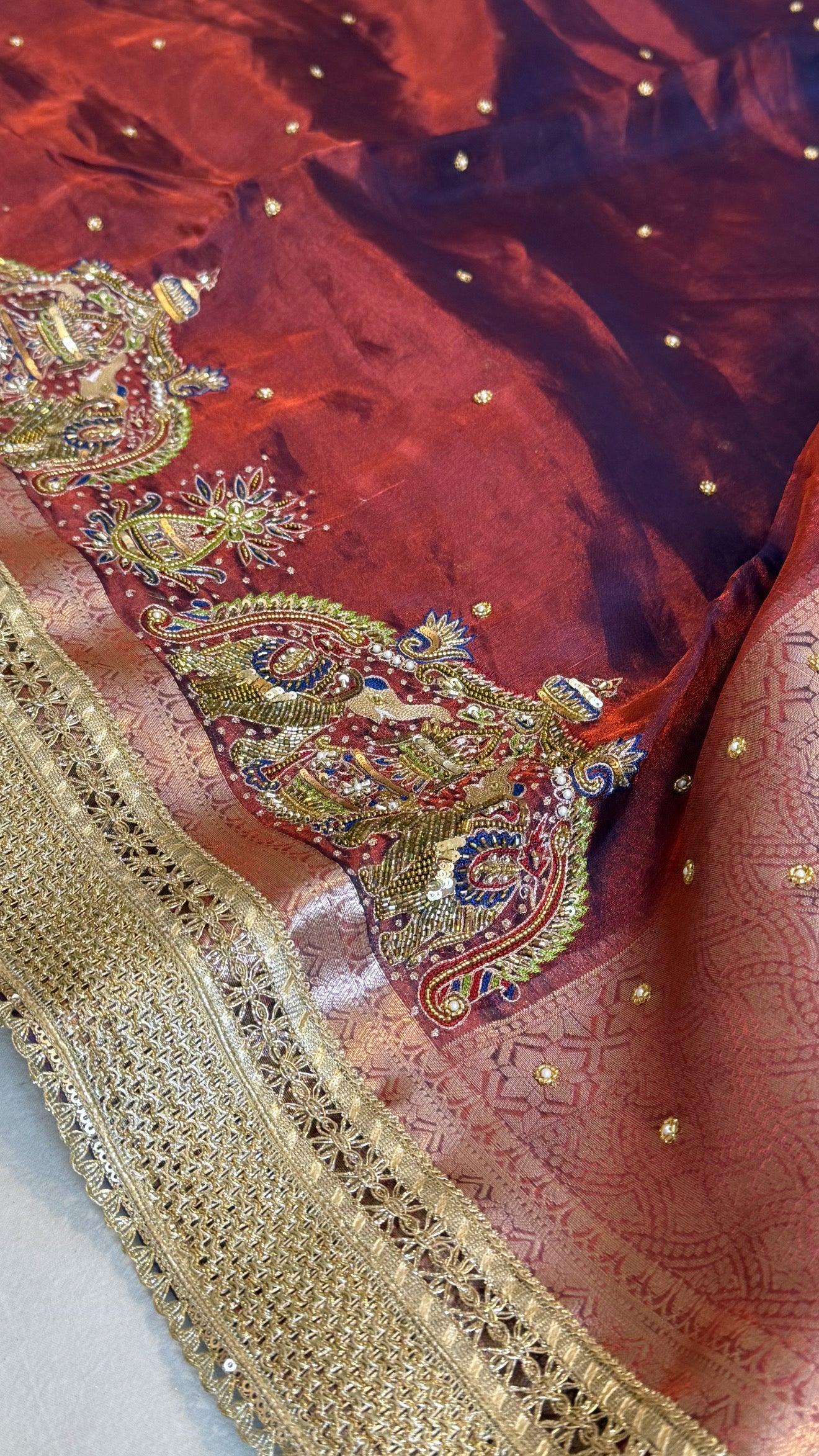 Hathi , ghoda aur palki wali saree - Husn tissue silk hand embroidered saree