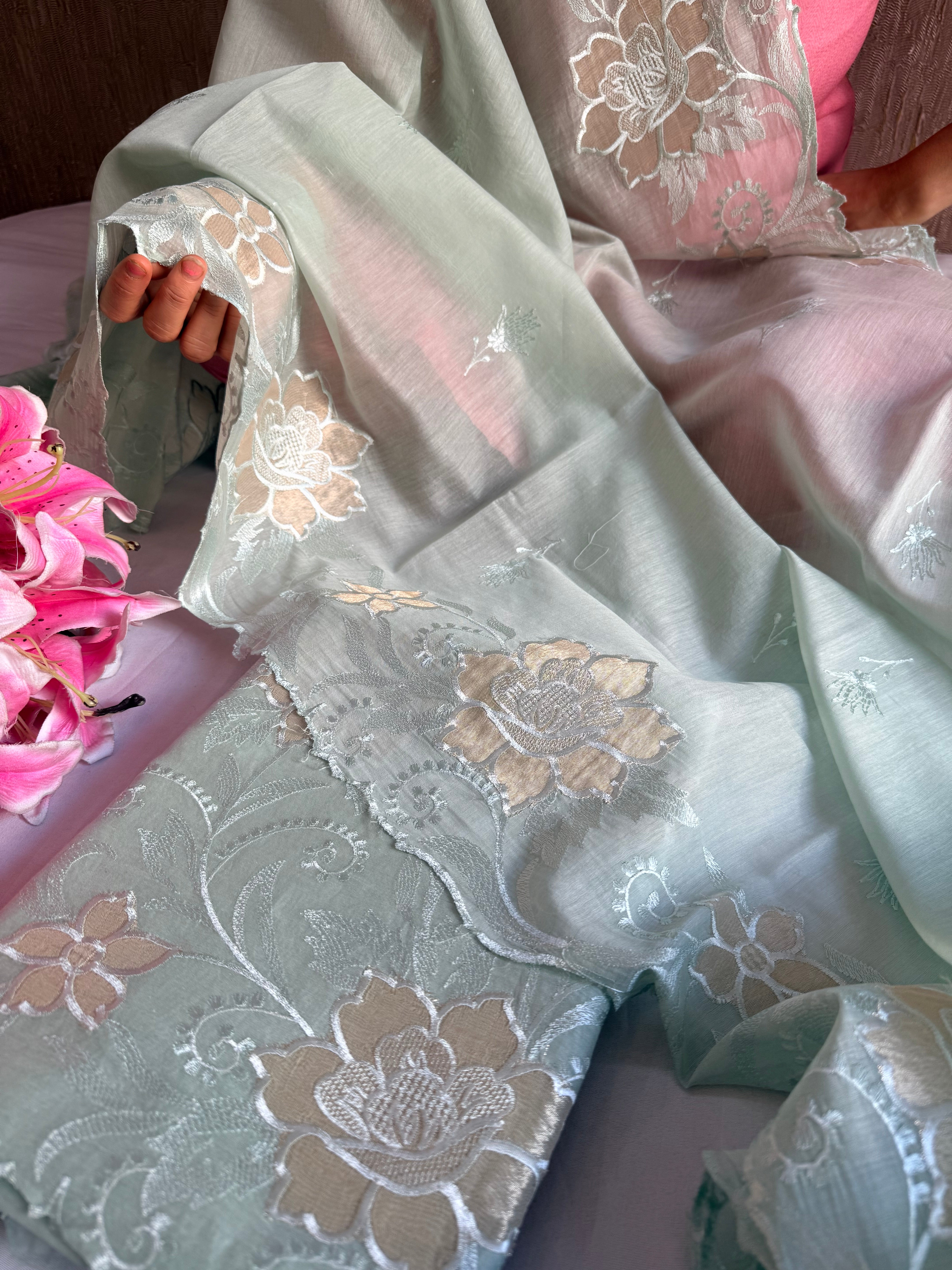 Summer suit edit - Blush green mul cotton appliqué tissue work suit sets