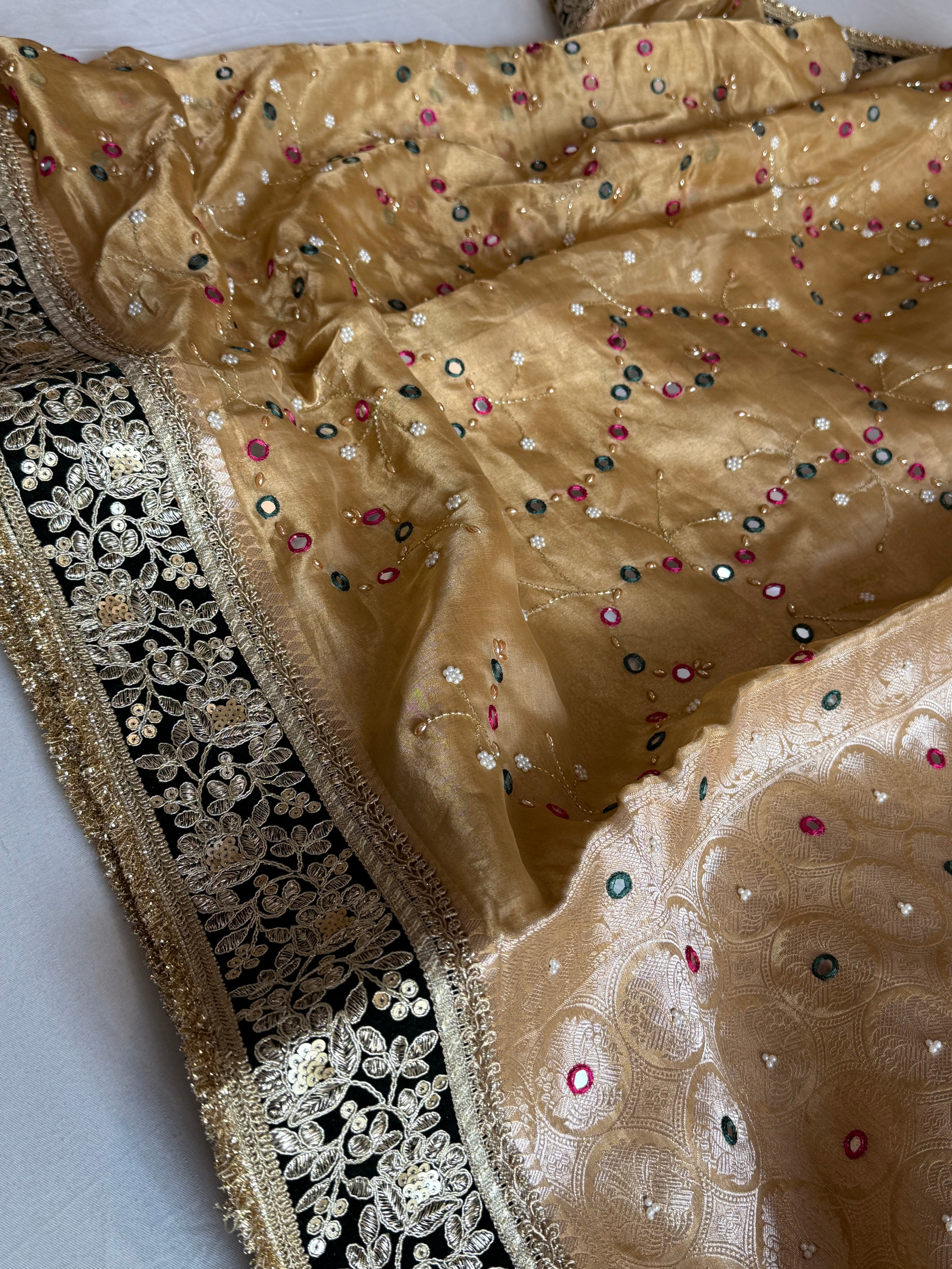 Sheesham edit - Heavy double tissue silk mirror work hand embroidered saree