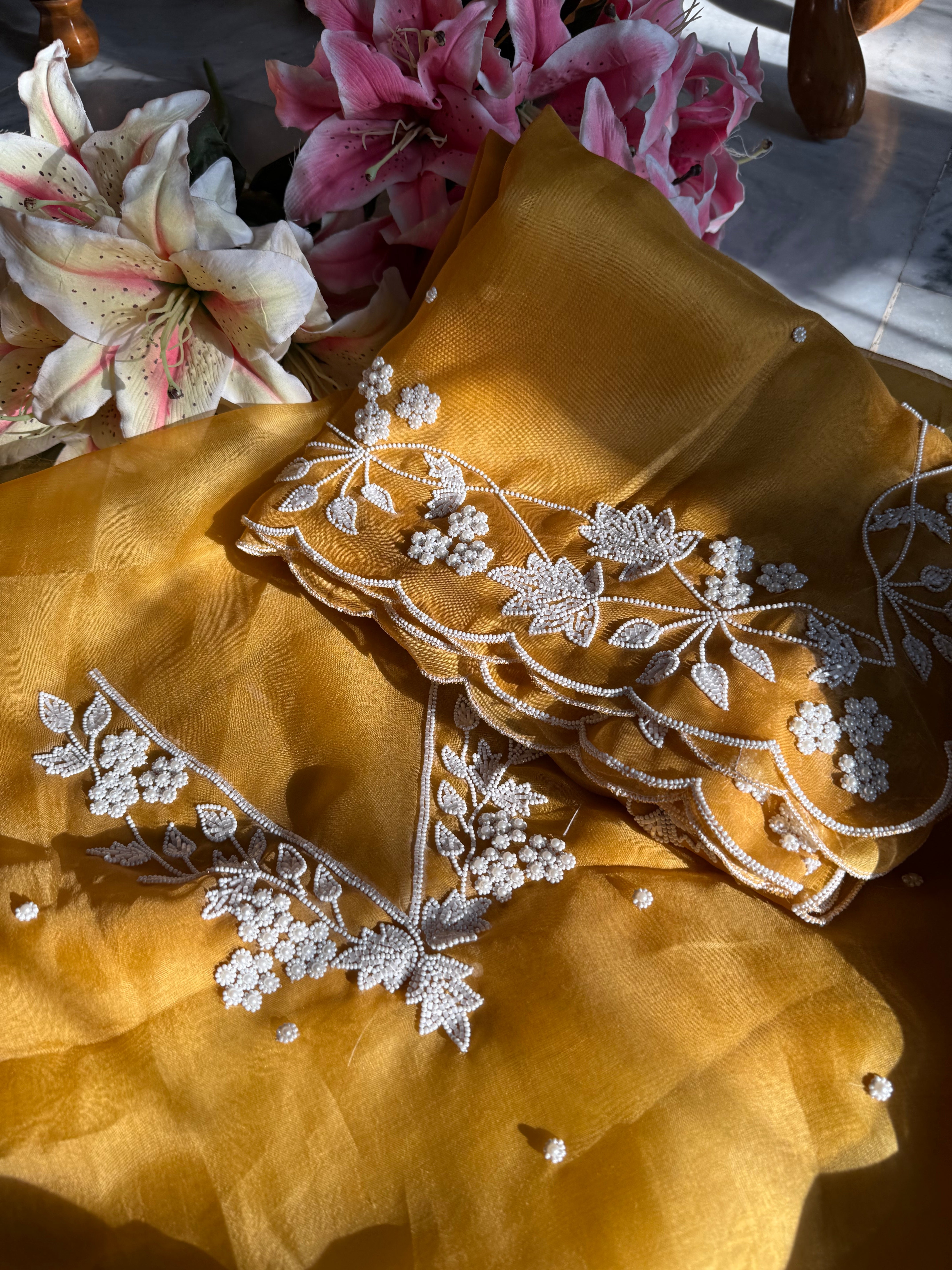 Mustard pearl work heavy hand embroidered kora silk suit set