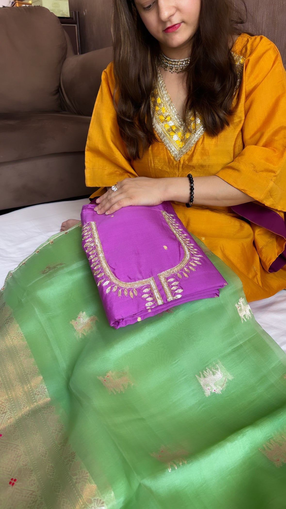 Purple-green hand embroidered kadhwa suit set from vyaah wala ghar edit