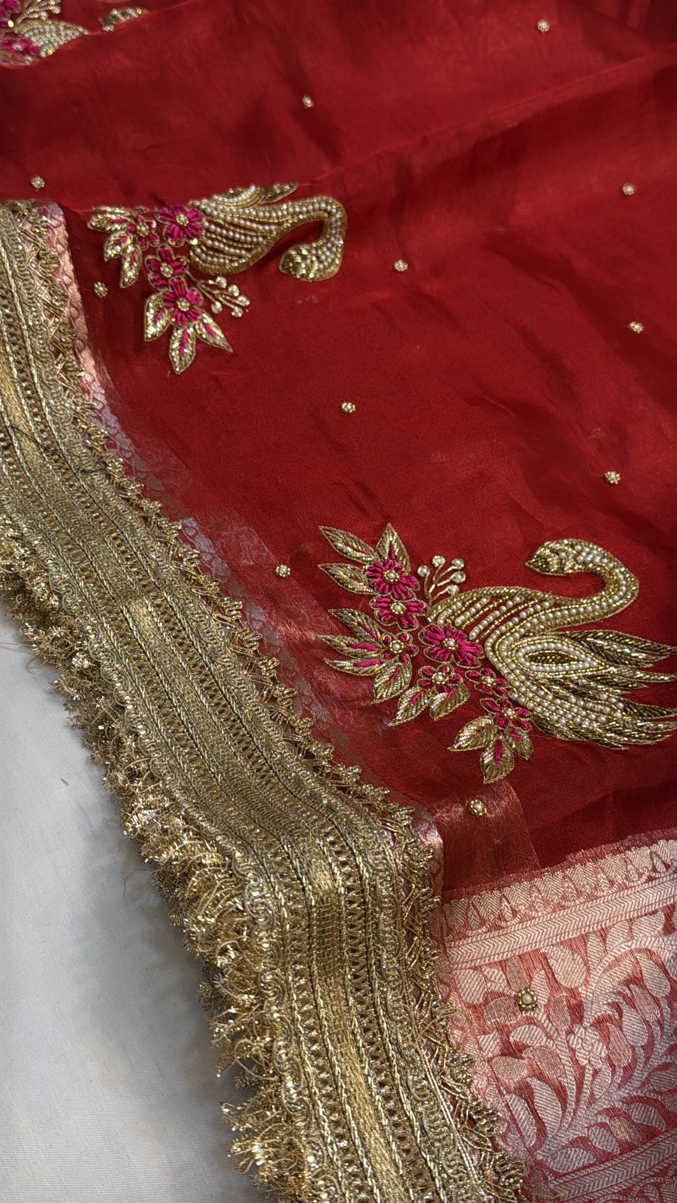 Dulhan ka joda husn red tissue silk hand embroidered saree