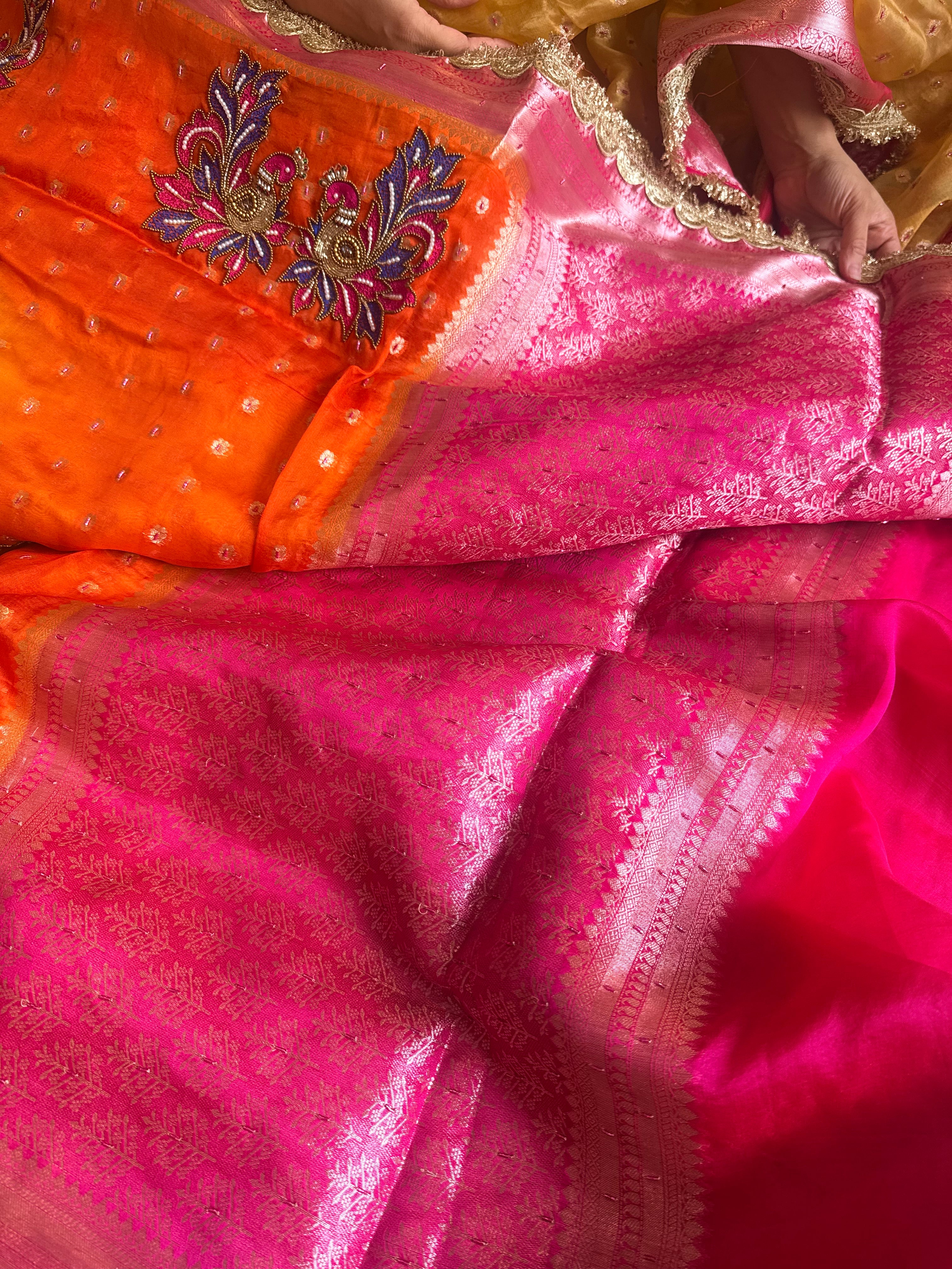 Ombre shaded kora silk kadhwa buti peacock motif hand embroidered saree