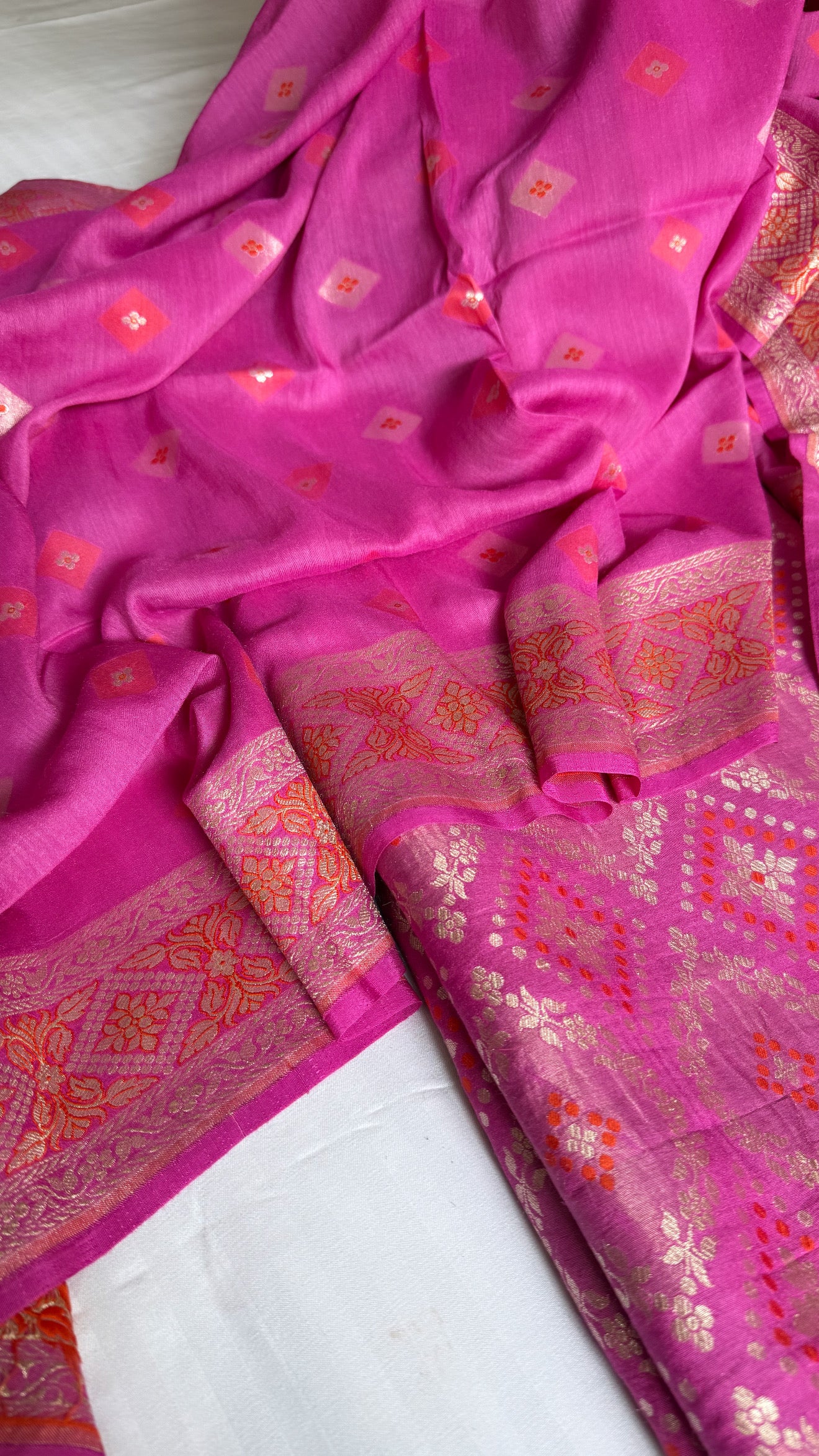 Strawberry pink moonga silk bandhej weaving kadhwa suit set