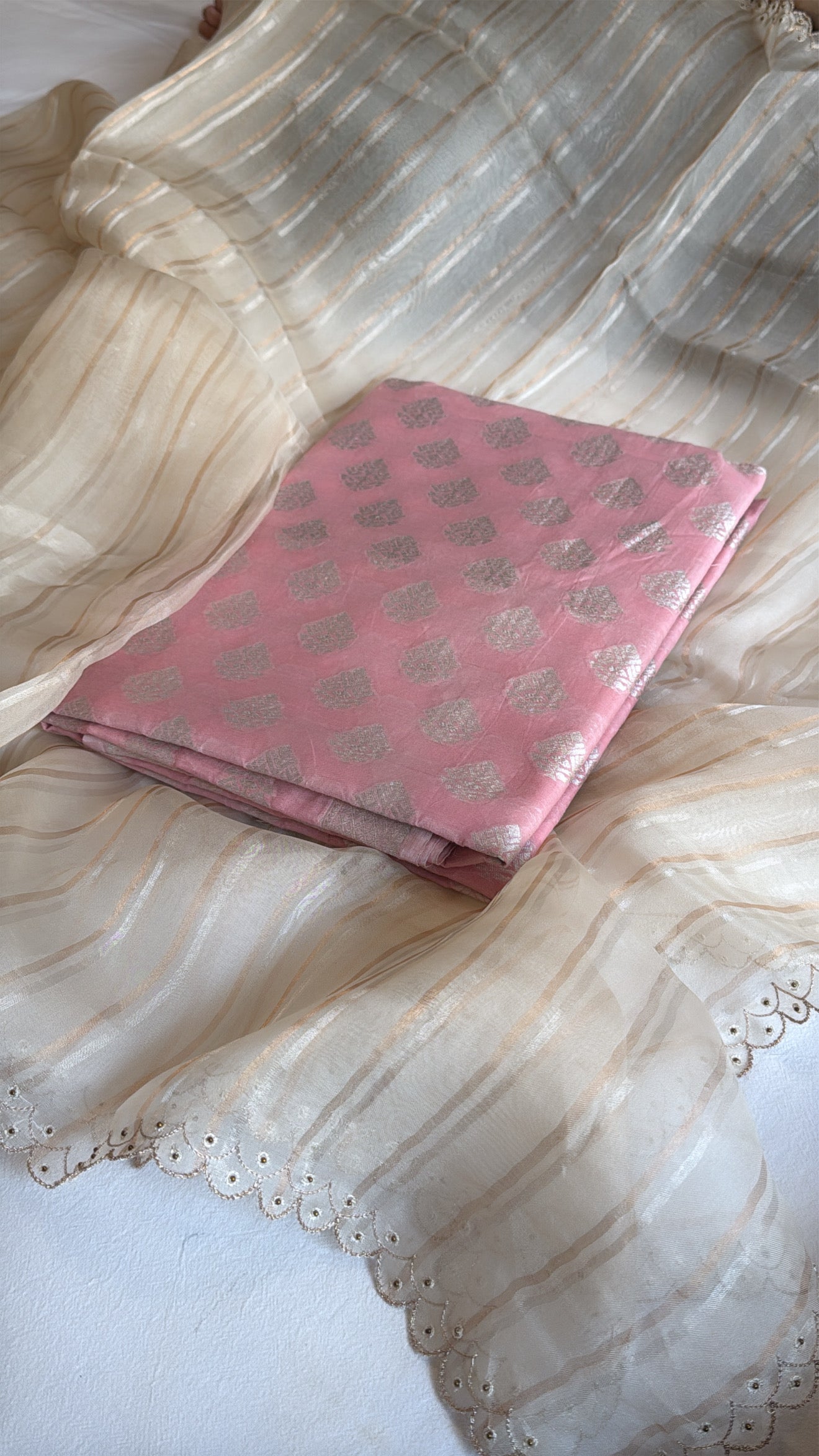 Banarasi handloom cotton kadhwa buti kurta paired with kora silk striped scalloped hand embroidered duppata set