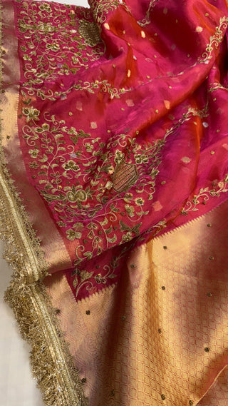 Cocktail wali saree - Strawberry pink tissue silk heavy hand embroidered saree