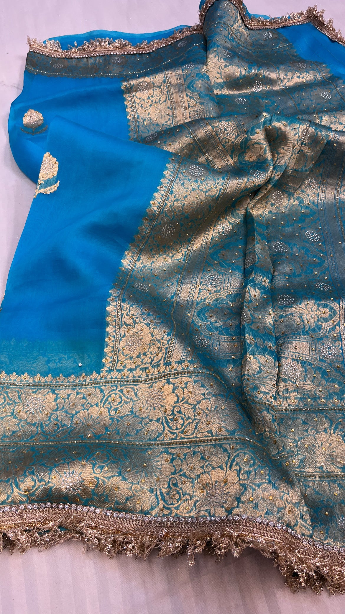 Sea blue sitara kora silk stonework saree
