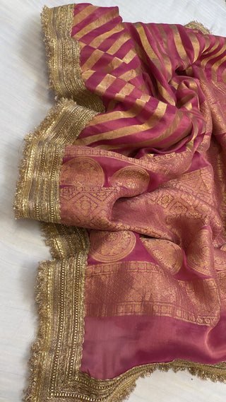 Lotus pink tissue gorgette kadhwa weaving gotapatti saree