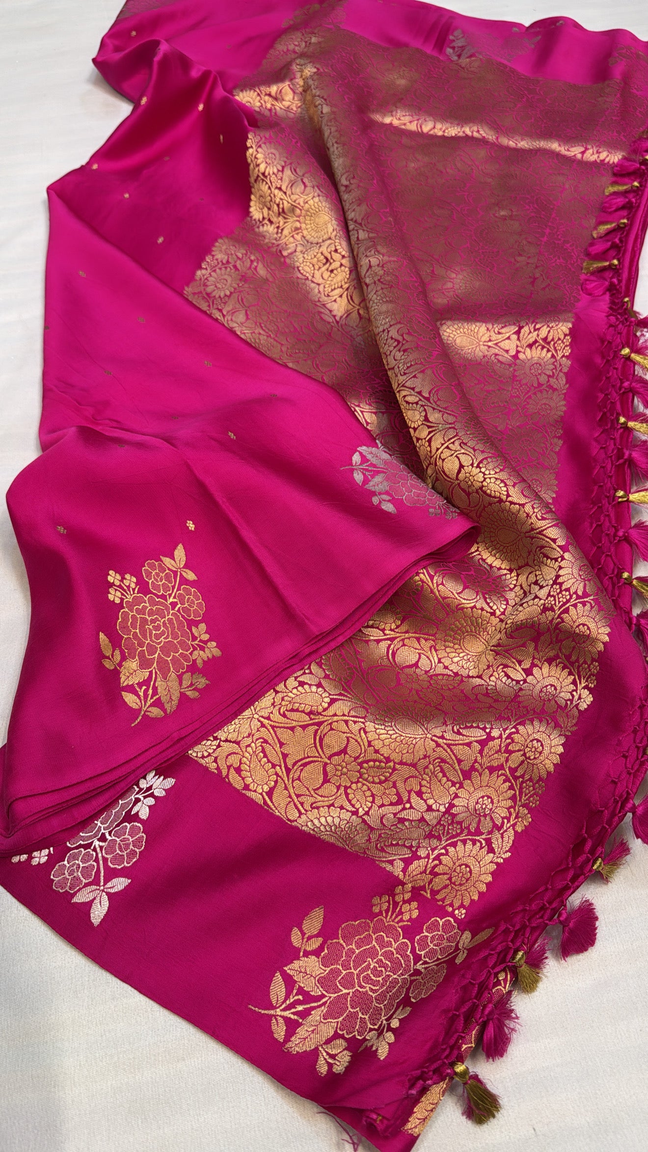 Mashru satin silk fuchsia pink banarasi saree