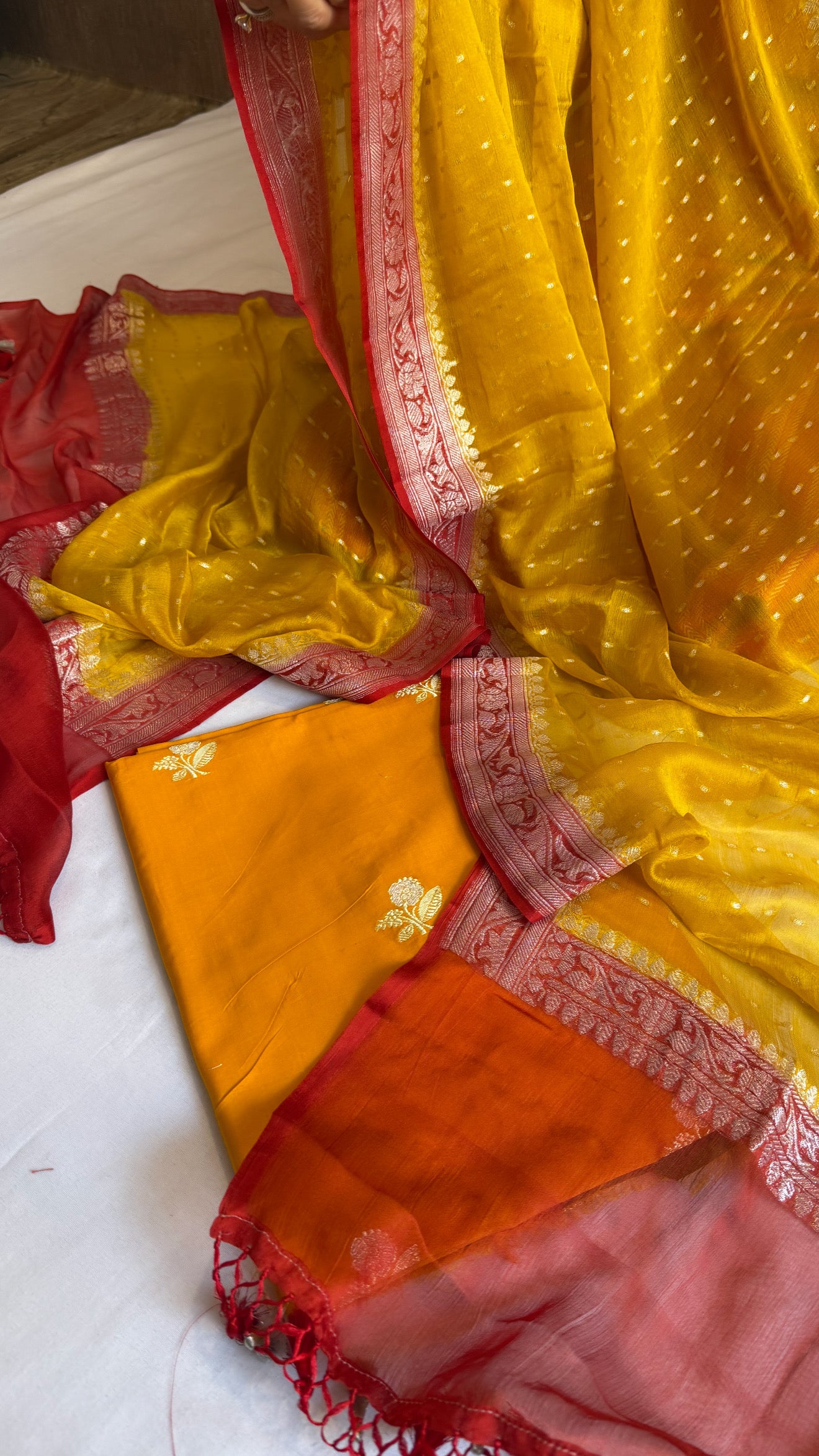 Haldi yellow-red katan kadhwa silk kurta paired with chiffon gorgette chap dye duppata set