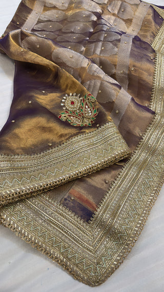 Dulhan wali saree - Royal purple-gold dhup chao effect tissue silk hand embroidered saree