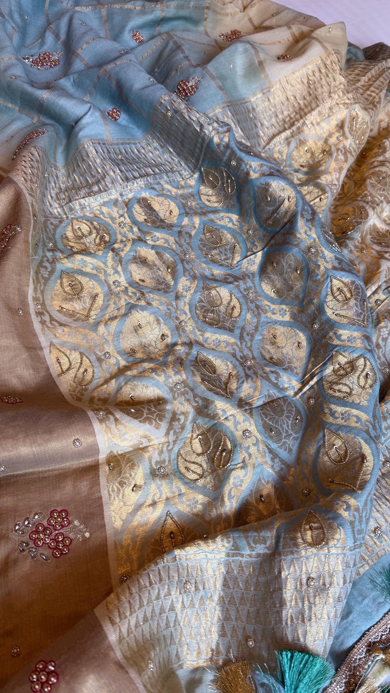 Ice blue ombre shaded moonga tussar silk kadhwa hand embroidered saree