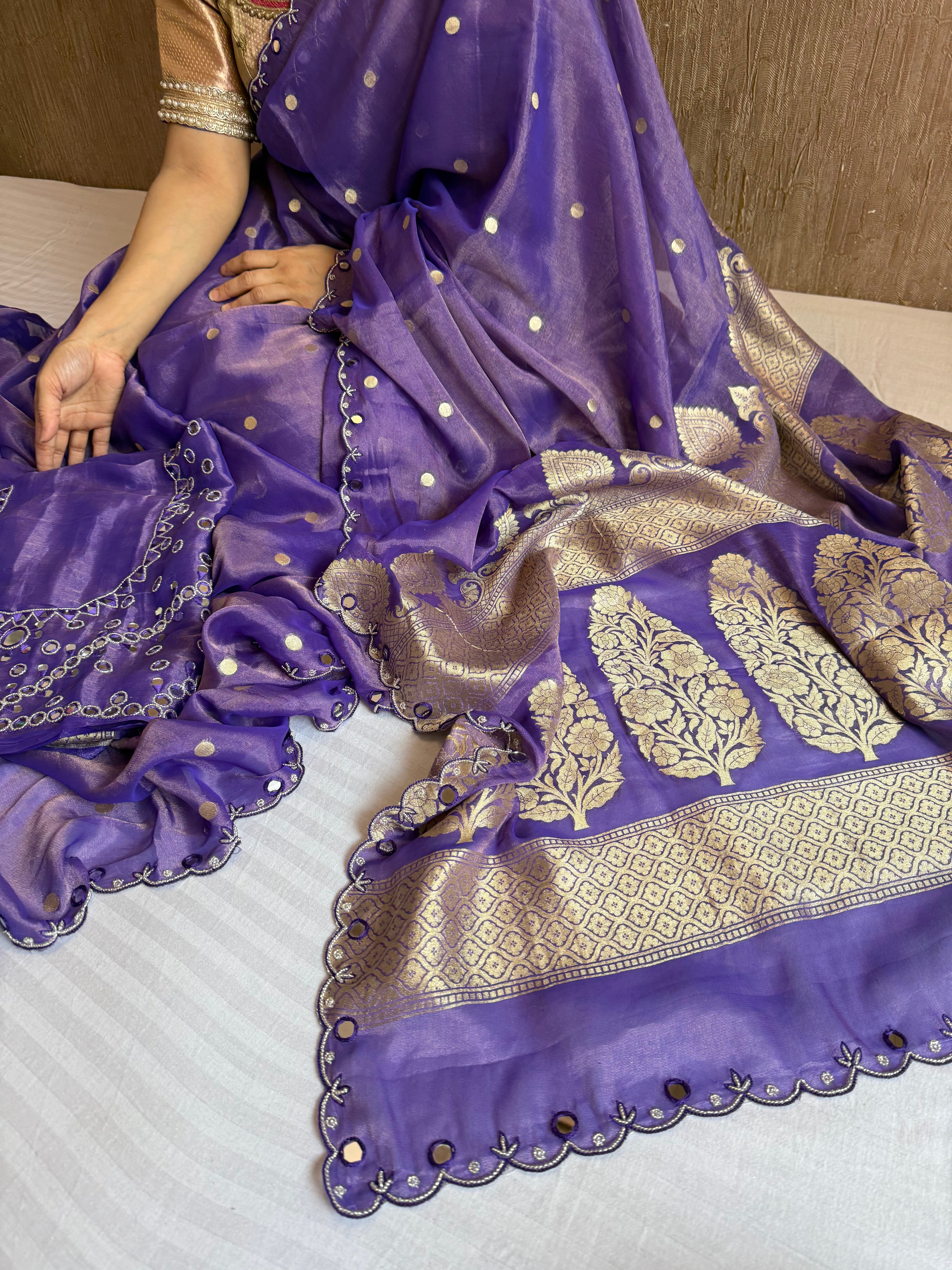 Deep purple tissue gorgette kadhwa mirror work hand embroidered saree