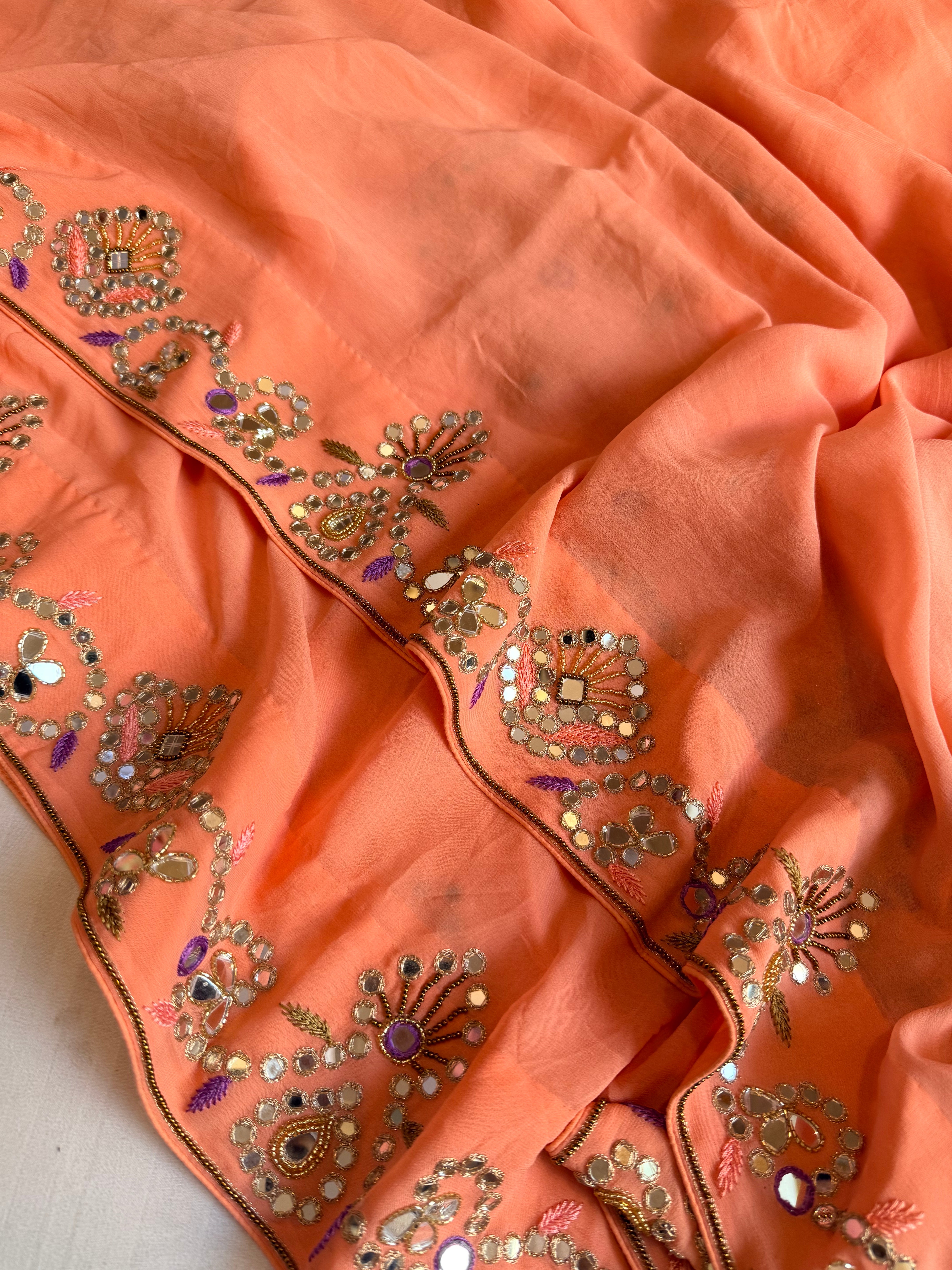 Mother’s Day offer - Peachy orange chiffon gorgette mirrorwork hand embroidered sarees