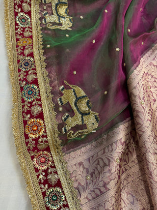 Cocktail wali sarees - Magenta pink dhup chao effect tissue silk hand embroidered saree