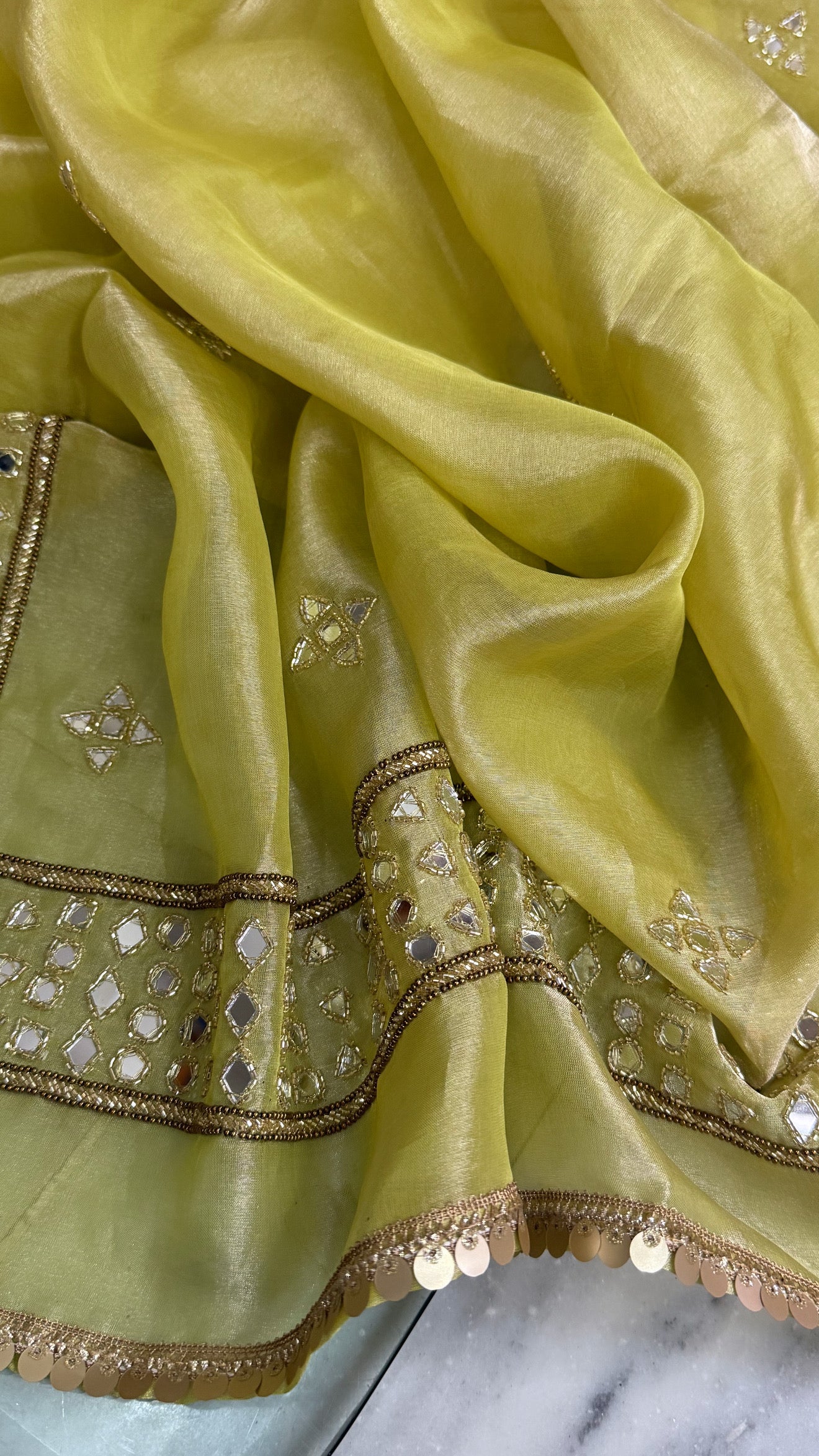Engagement wali saree - Lime green mirror work hand embroidered kadhwa saree