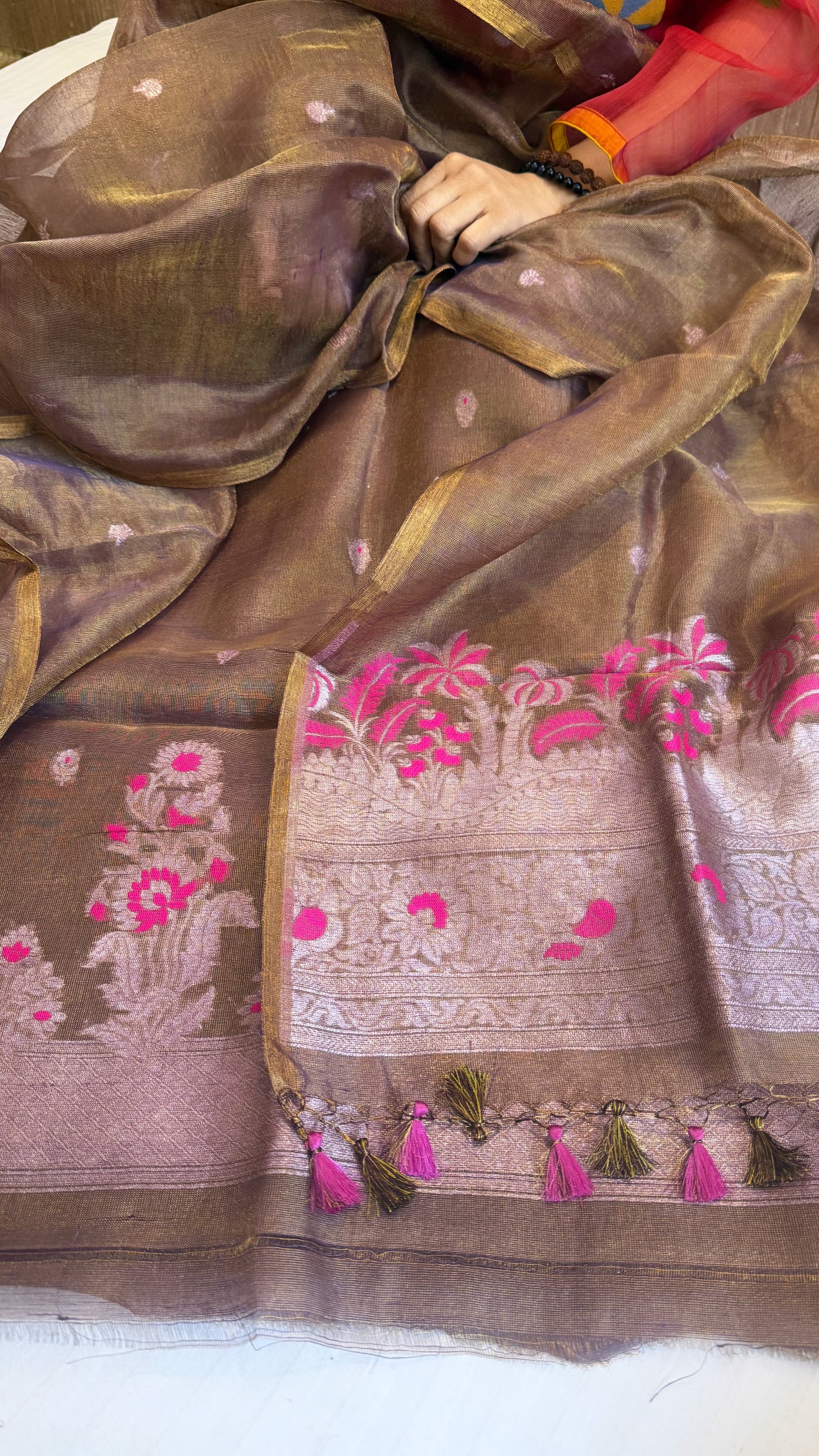 Linen tissue golden brown meenakari kadhwa suit sets