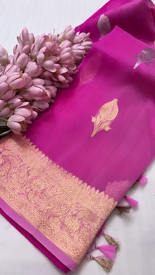 Pure banarasi hot pink ombre shaded kora silk kadhwa saree with sona rupa buti