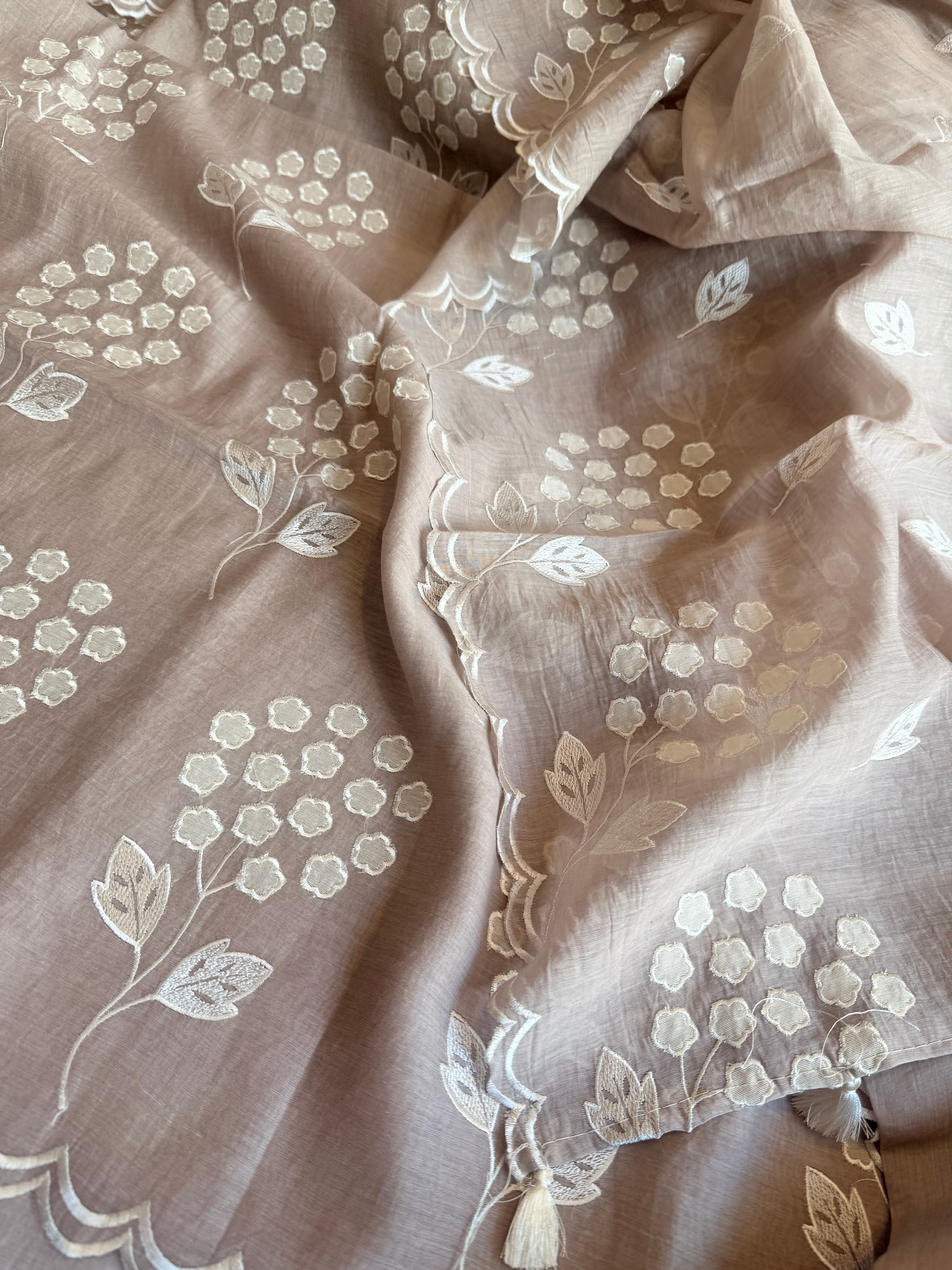 Alia bhatt inspired banarasi mulmul appliqué work suit set