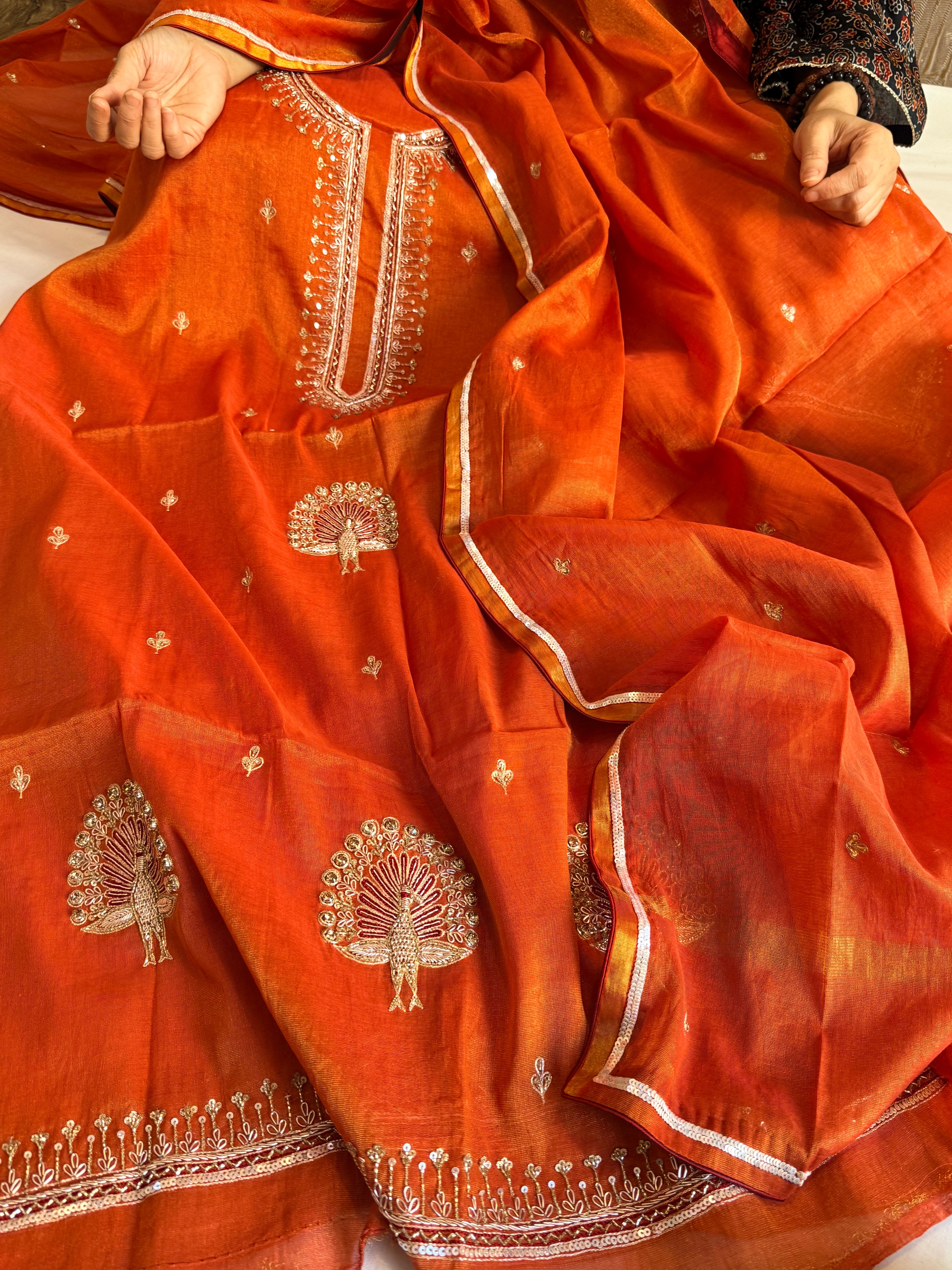 Fanta orange mul cotton silk tissue hand embroidered kadhwa suit set