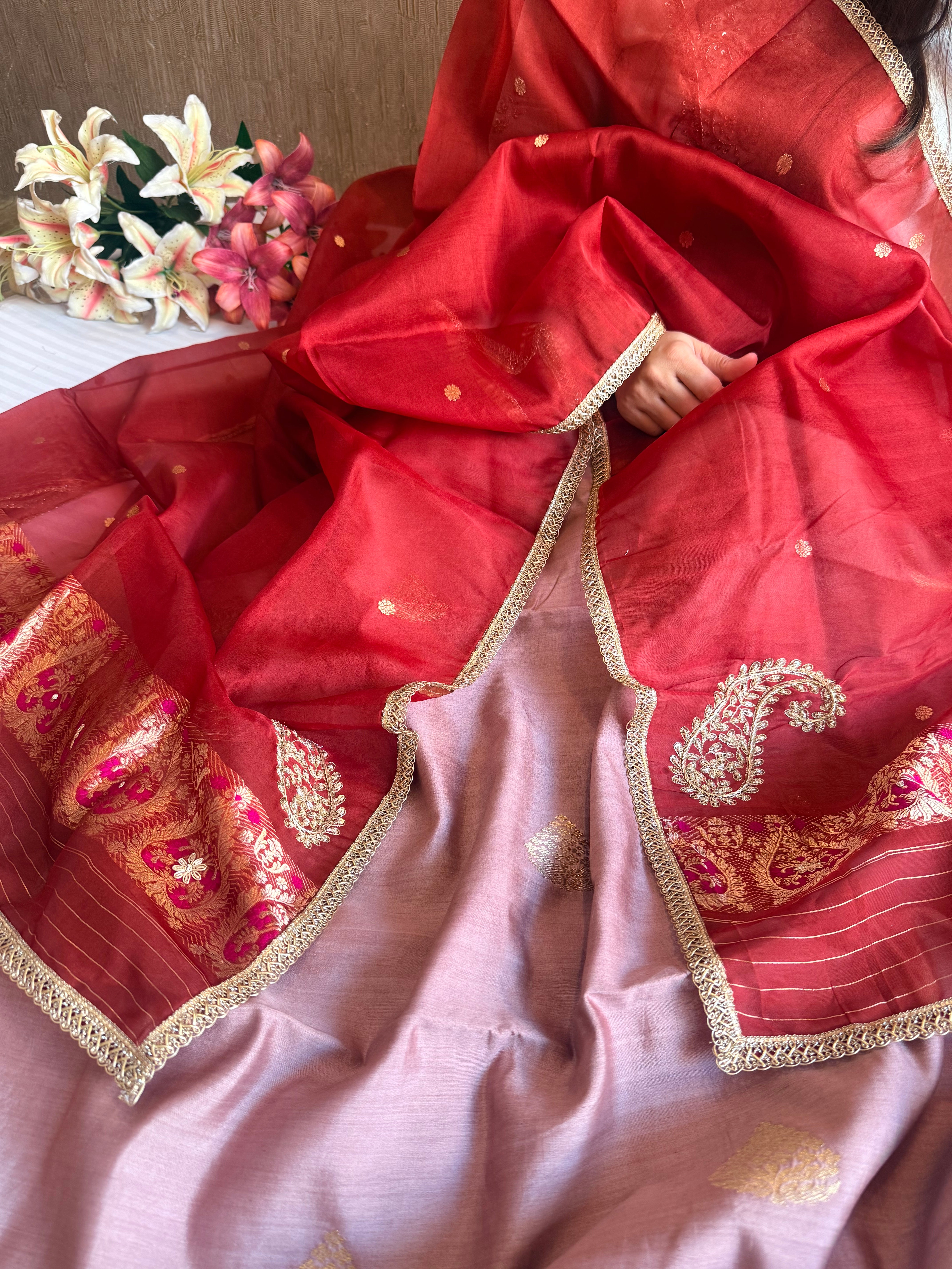 Rose gold - red chiniya silk kadhwa buta kurta paired with kora silk red duppata