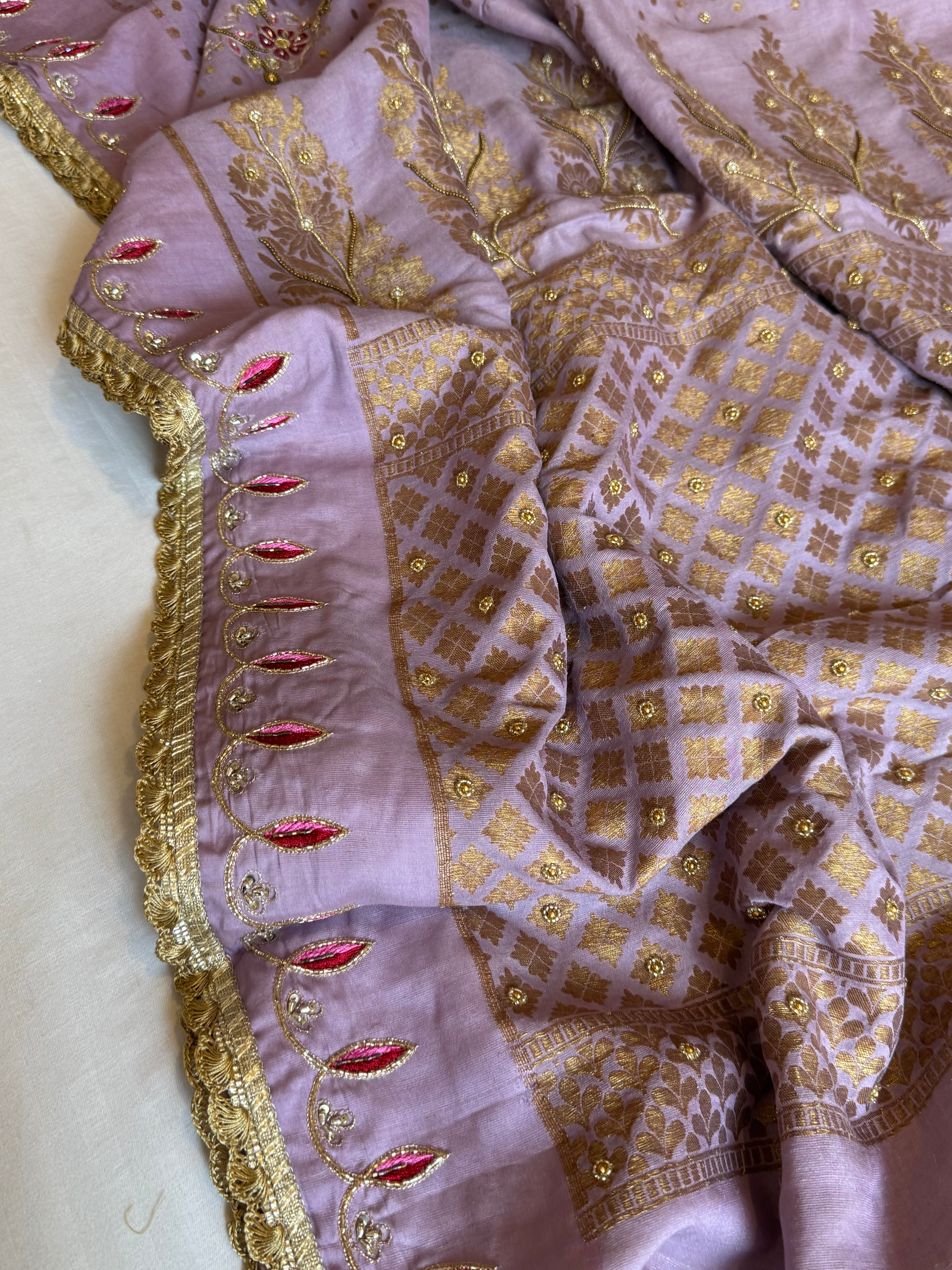 Dusty lilac moonga silk antique zari hand embroidered kadhwa saree