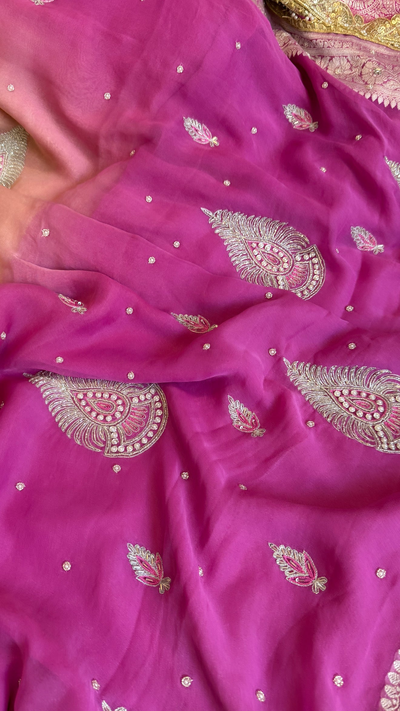 Paro banarasi chiffon gorgette hand embroidered kadhwa saree