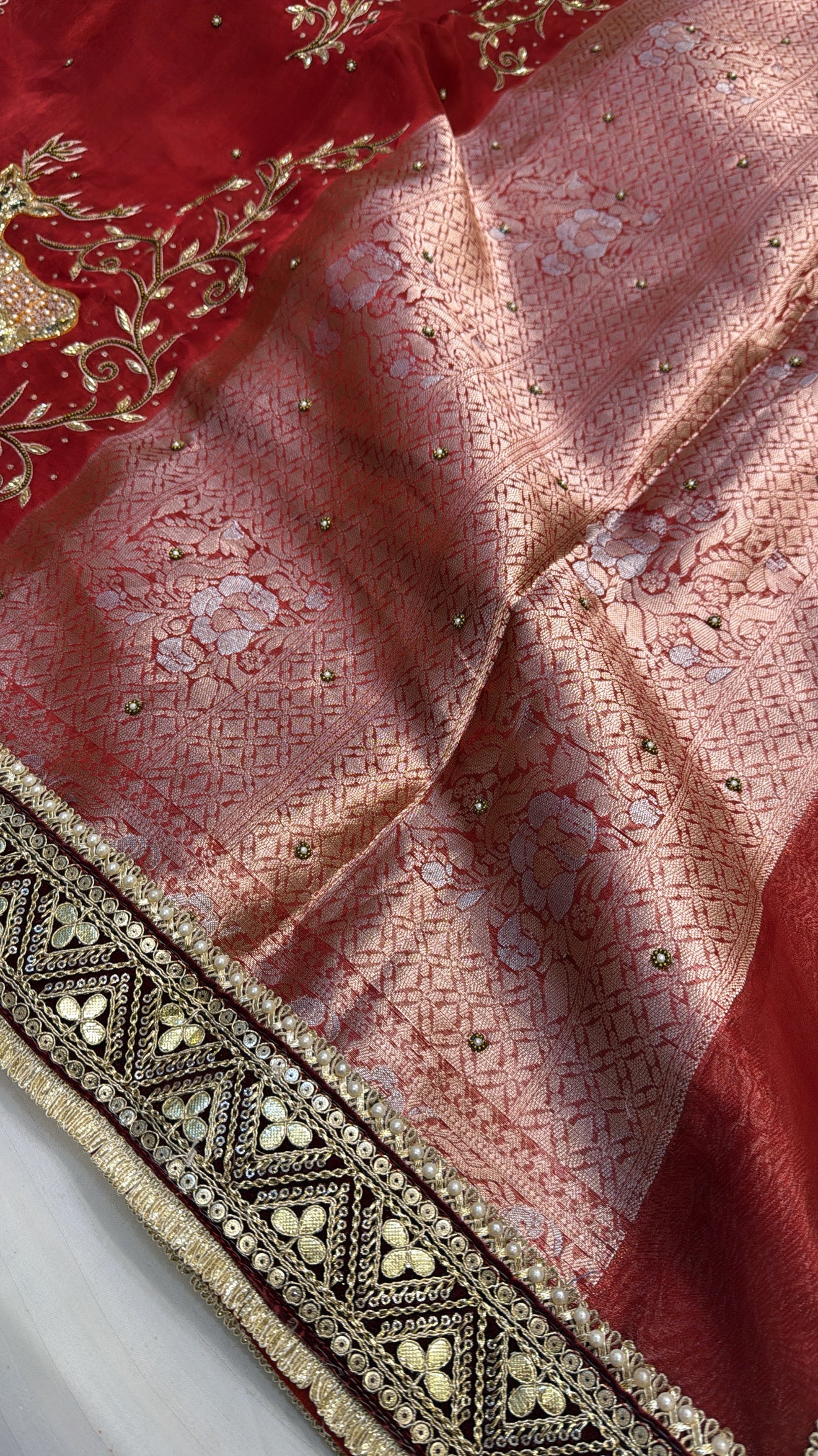 Red special - Husn chilly red deer motif tissue silk hand embroidered kadhwa saree